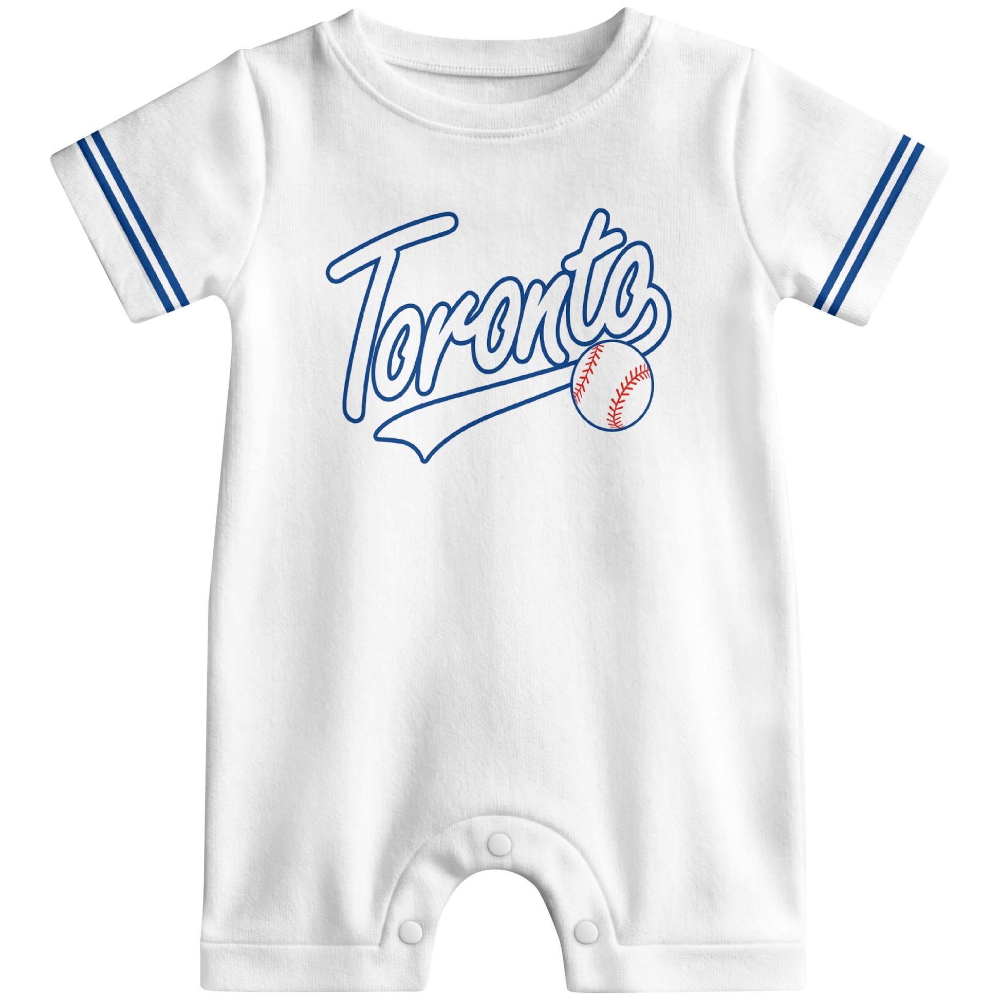 Front view of white custom baseball-style baby romper with team-inspired text design