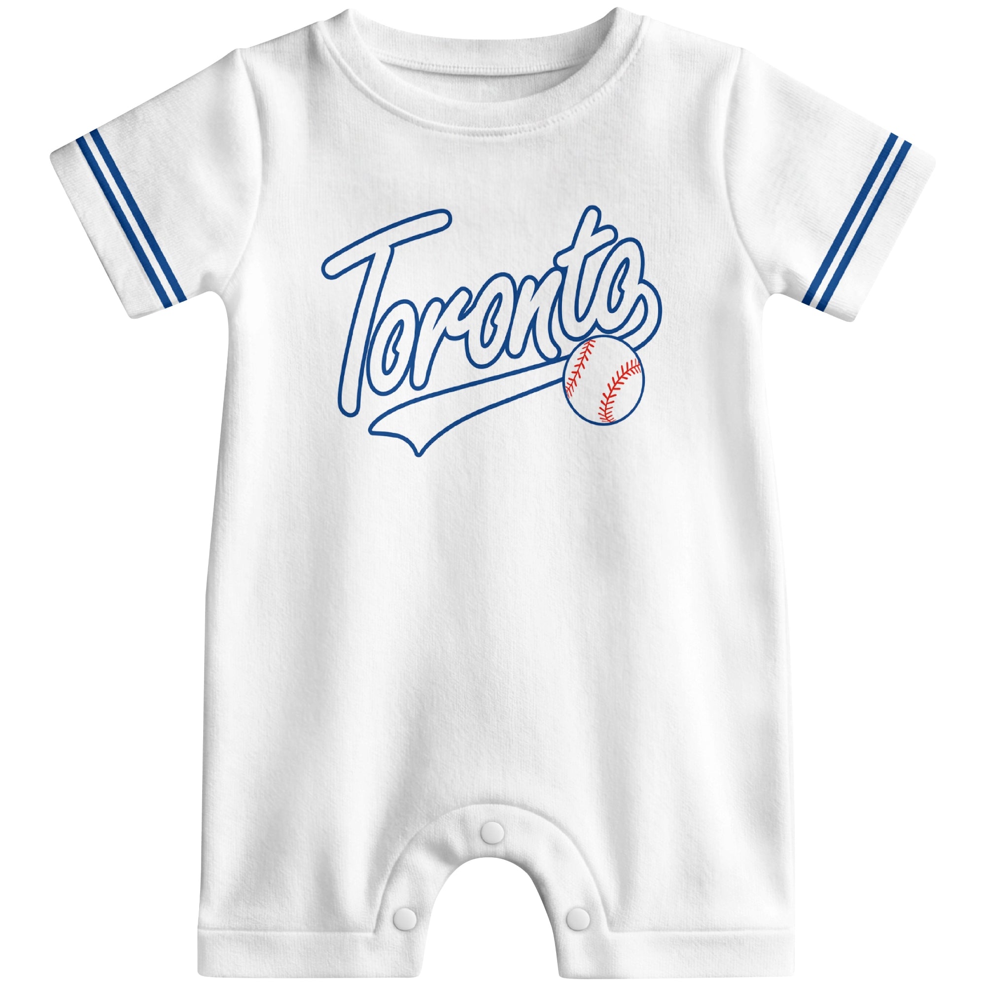 Front view of white custom baseball-style baby romper with team-inspired text design