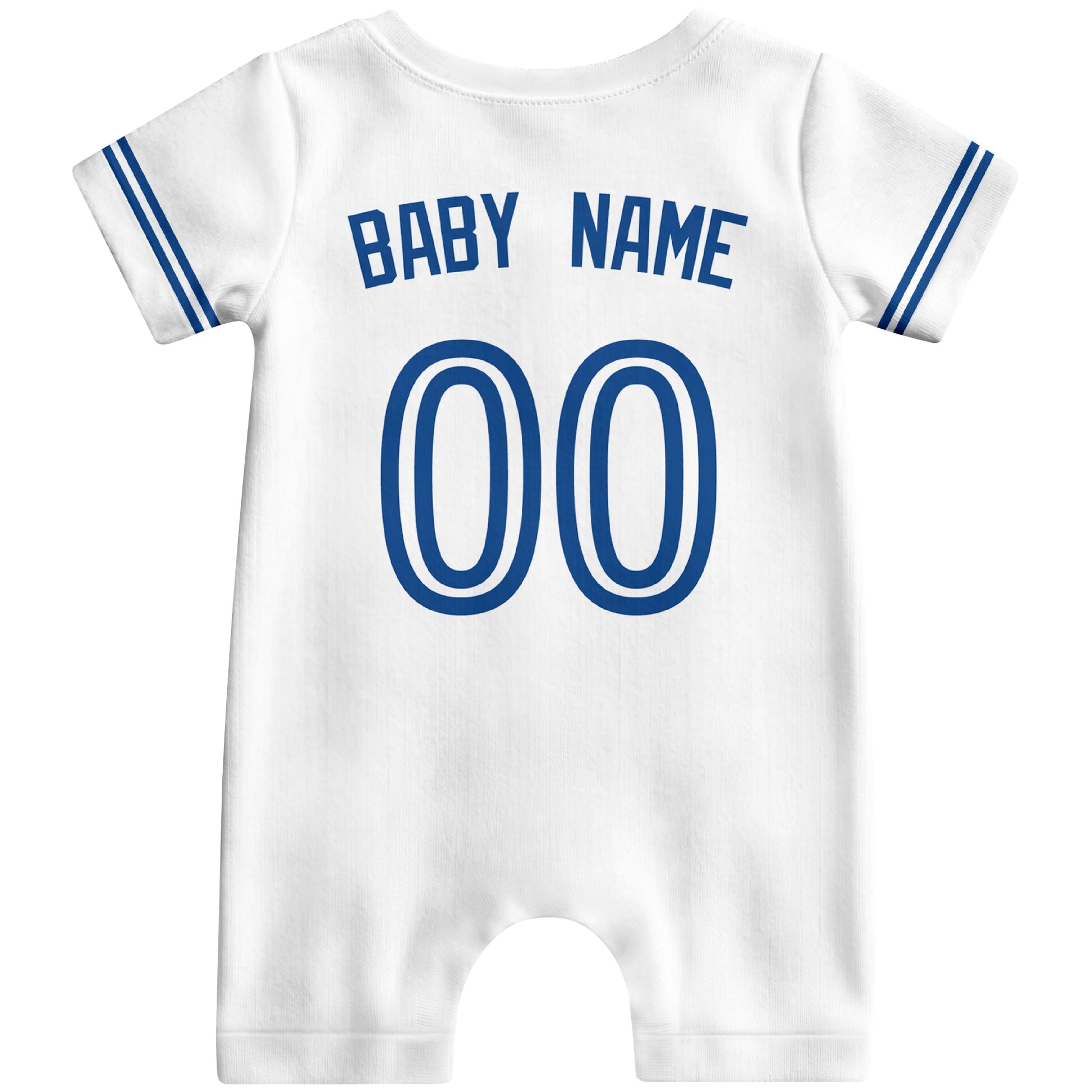Back view of white custom baby romper with personalized name and number