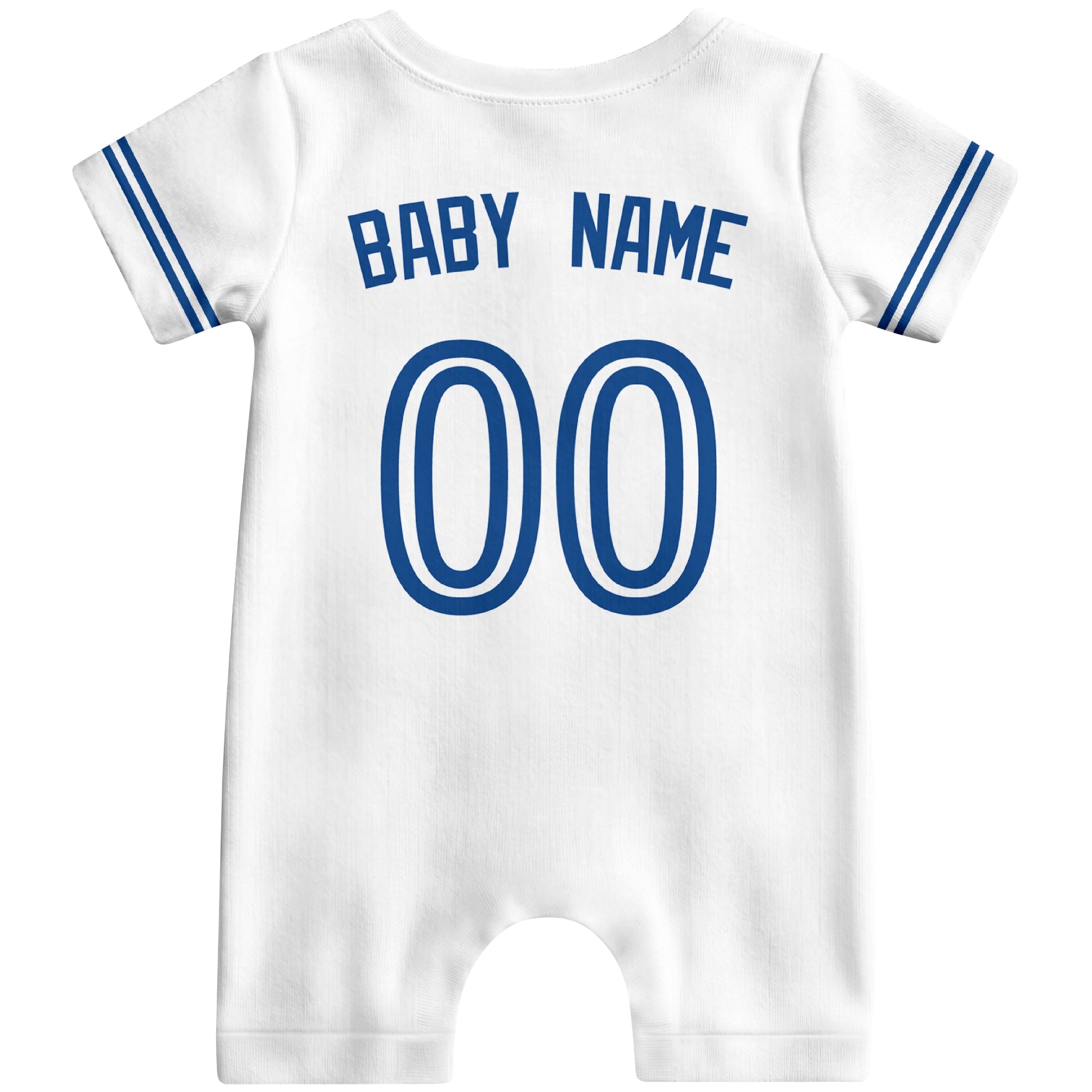 Back view of white custom baby romper with personalized name and number