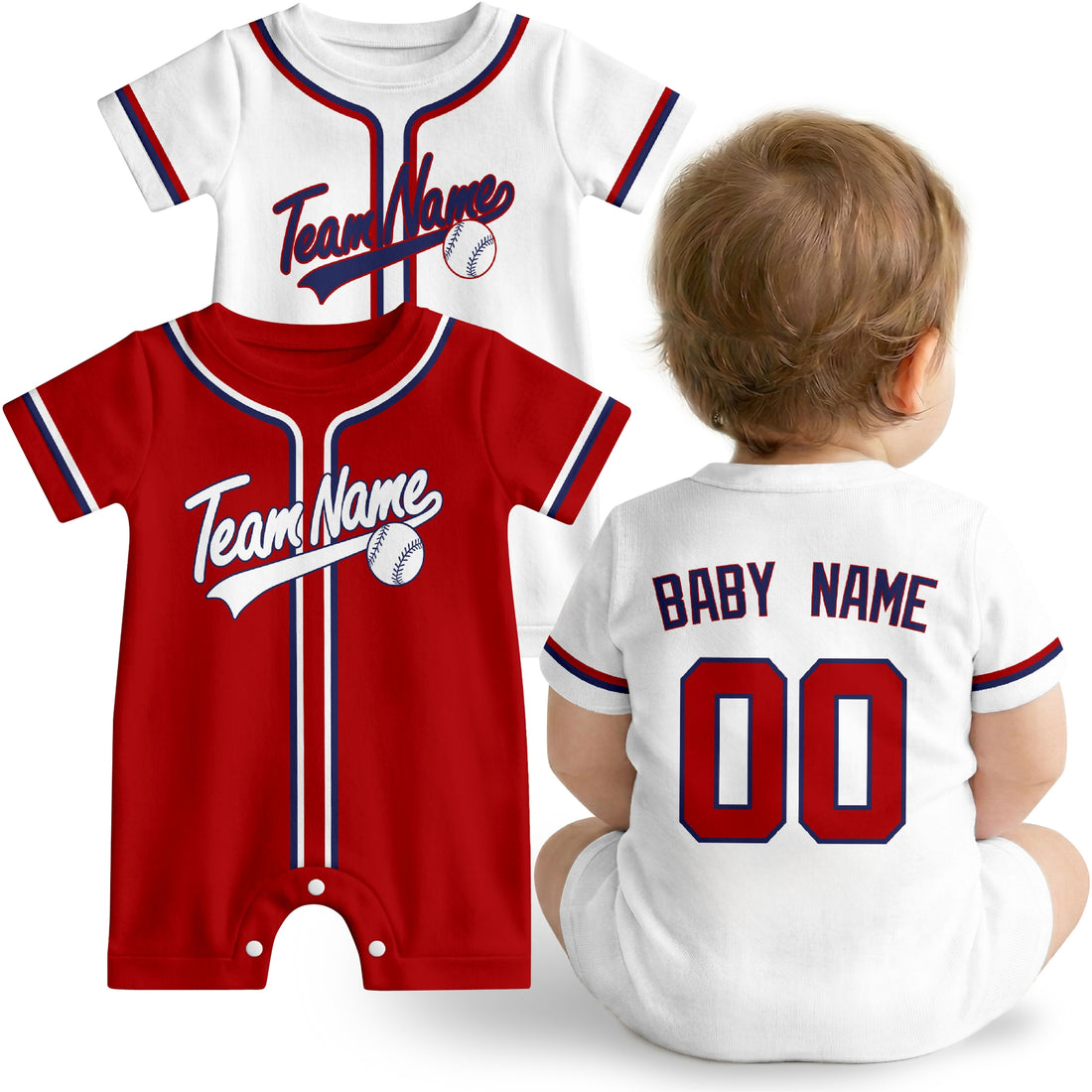 Washington Baby wearing custom baseball-style romper in red and white with personalized name and number, shown beside two additional sporty color variations