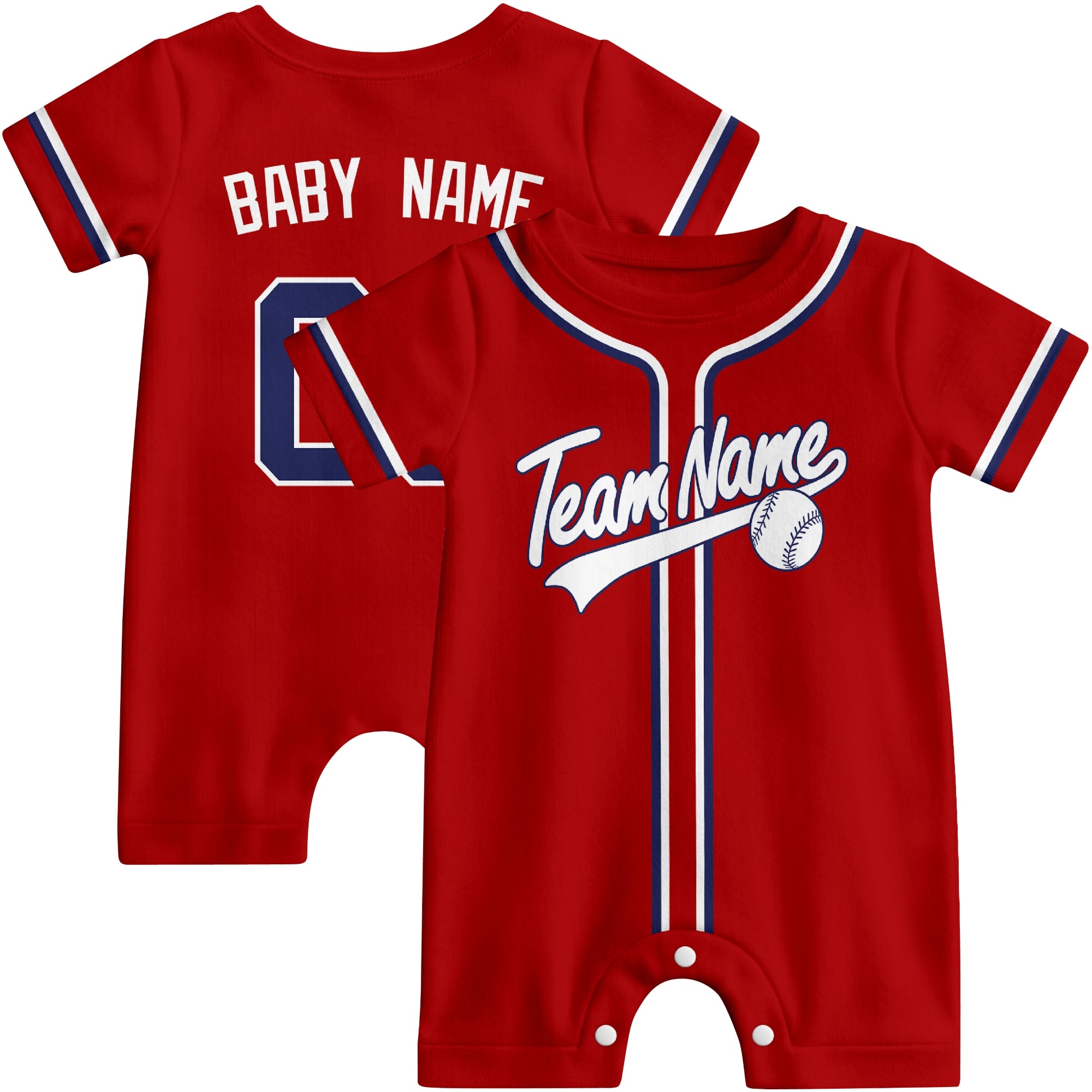 Front and back view of red and white custom baseball-style baby romper