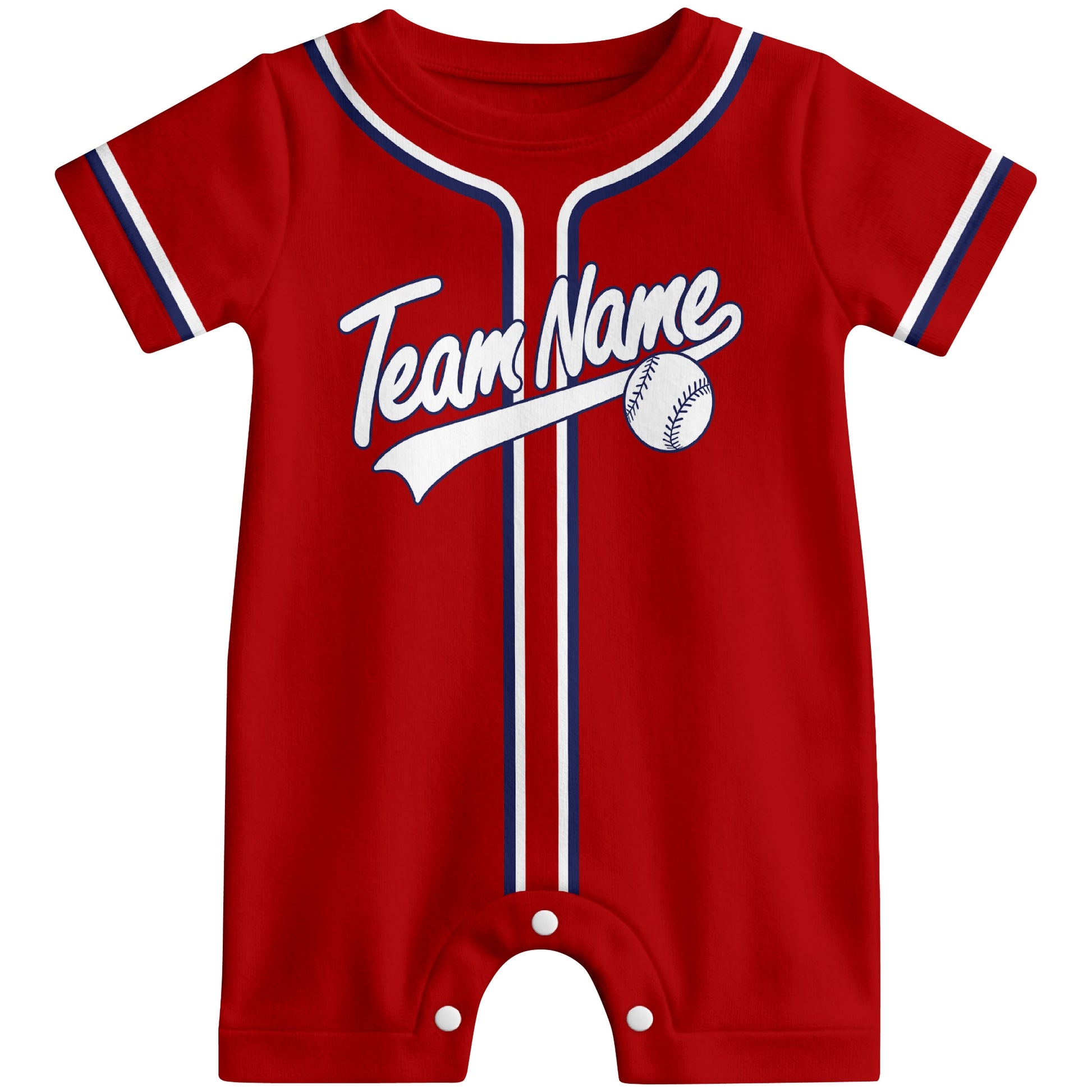 Front view of red custom baseball-style baby romper with team-inspired text design