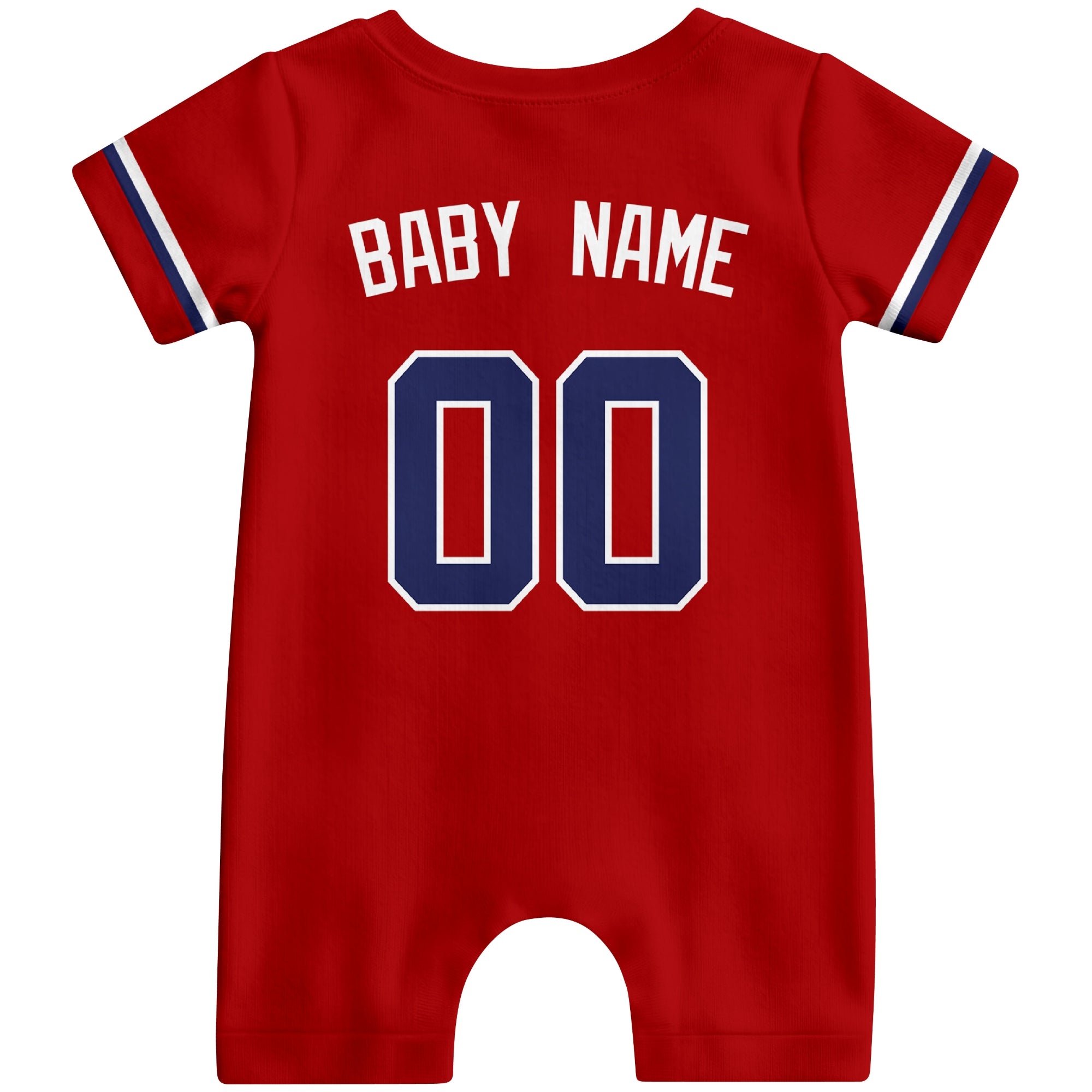 Back view of red custom baby romper with personalized name and number
