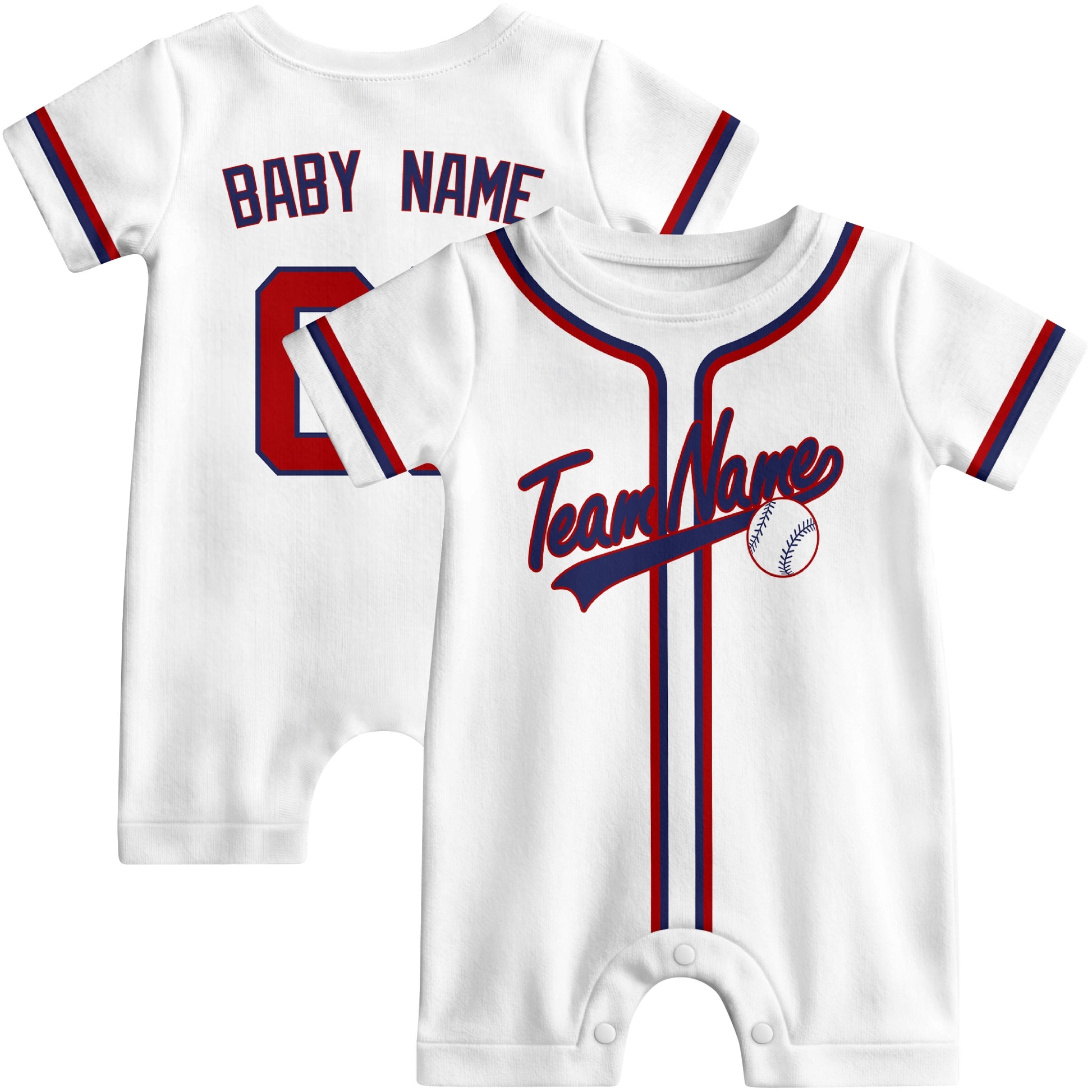 Front and back view of white custom baseball-style baby romper