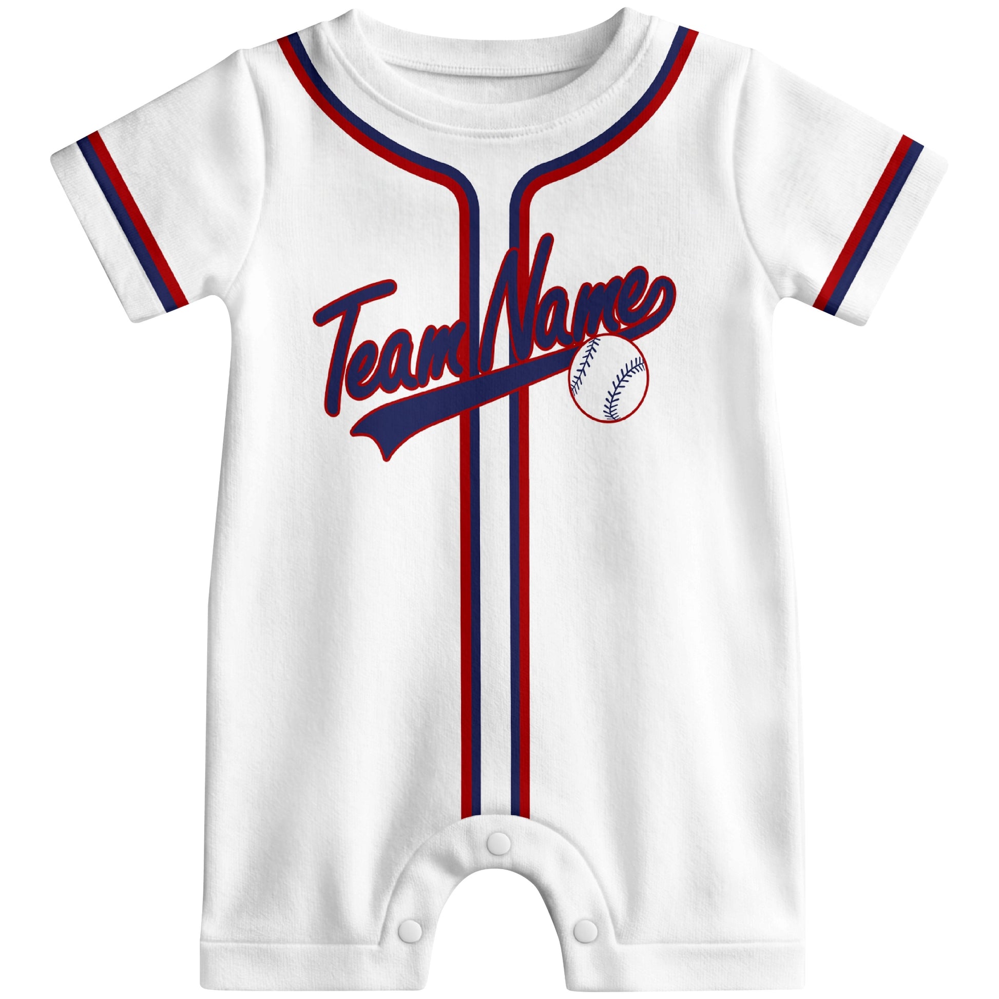 Front view of white custom baseball-style baby romper with team-inspired text design