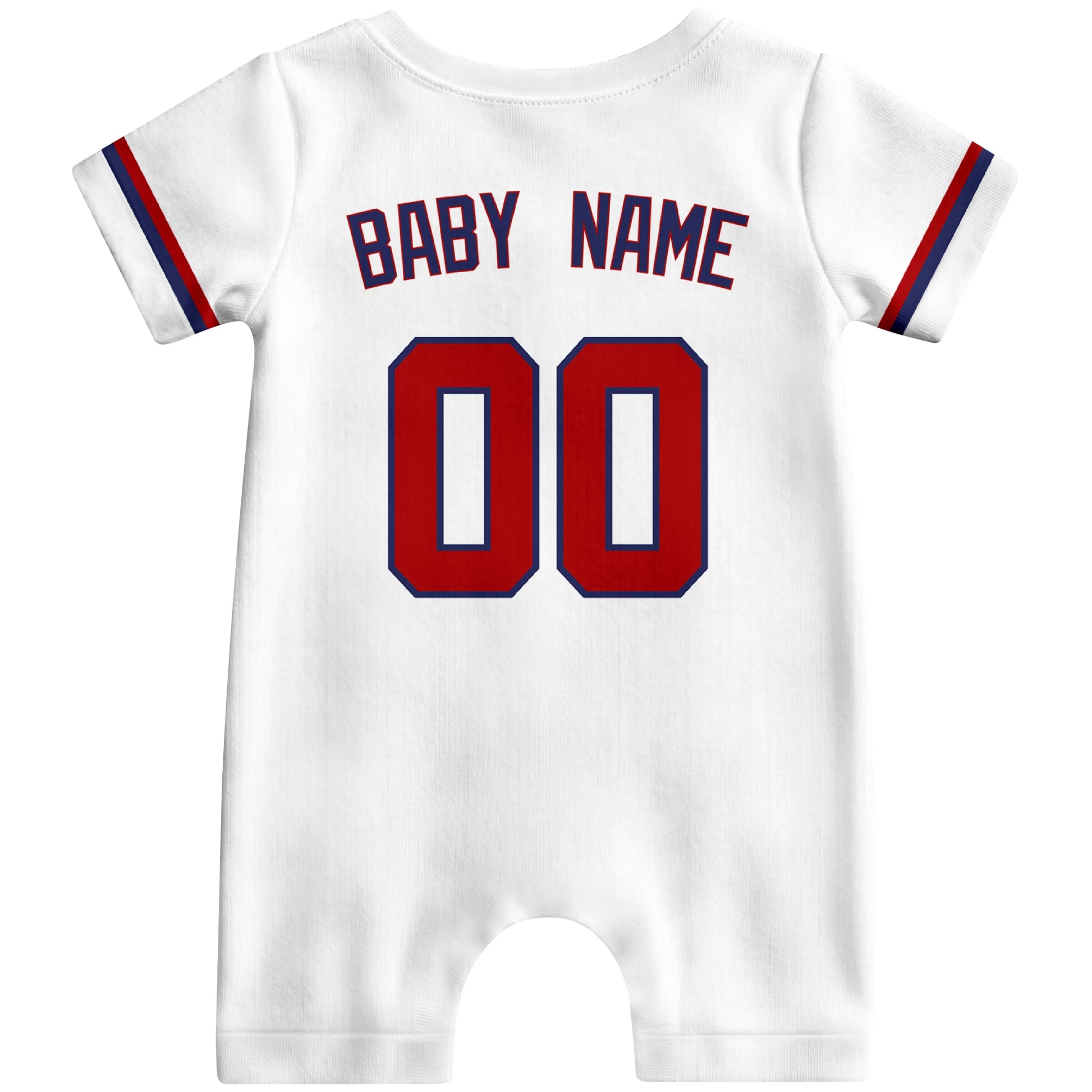 Back view of white custom baby romper with personalized name and number