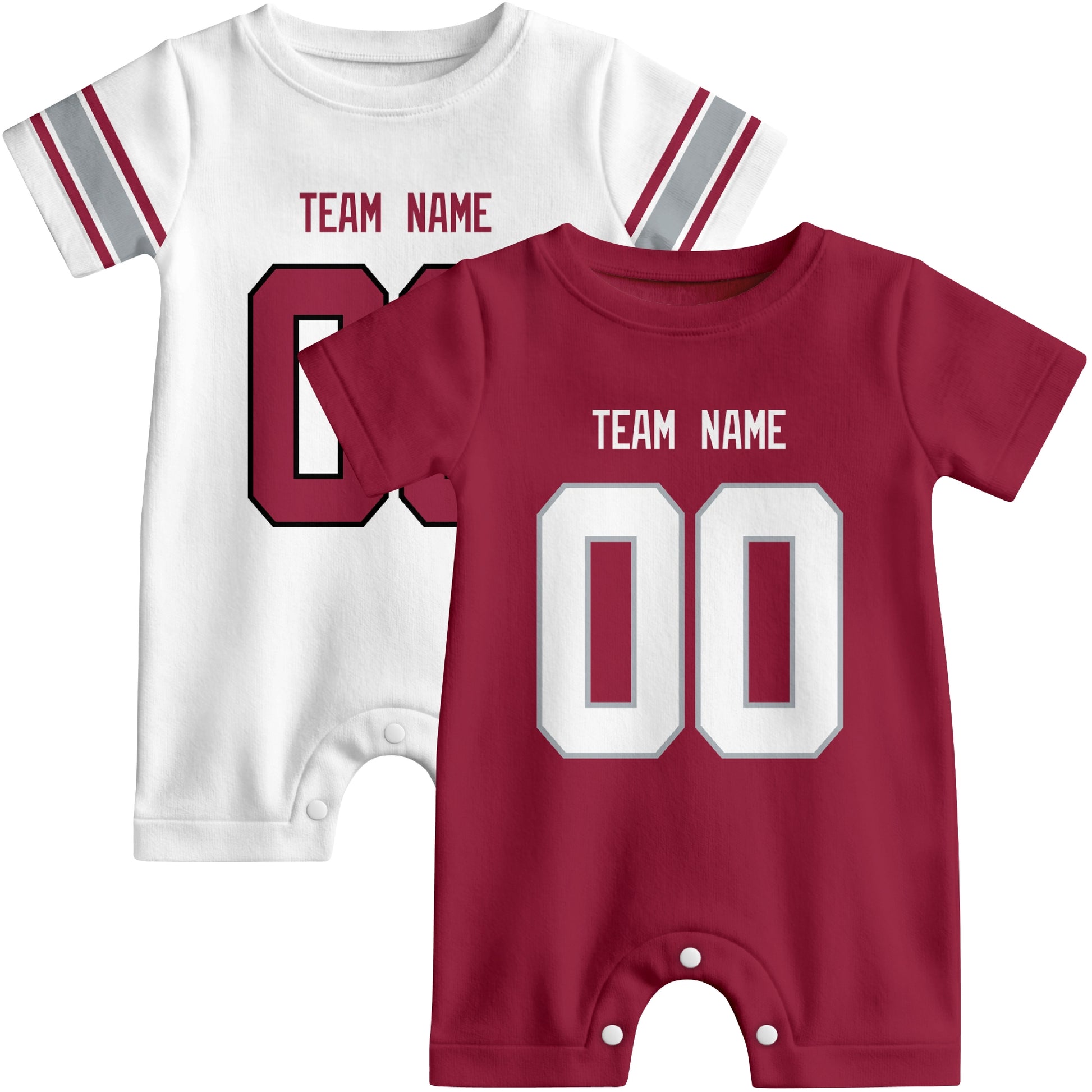Custom football-style baby onesie color options in Red and White