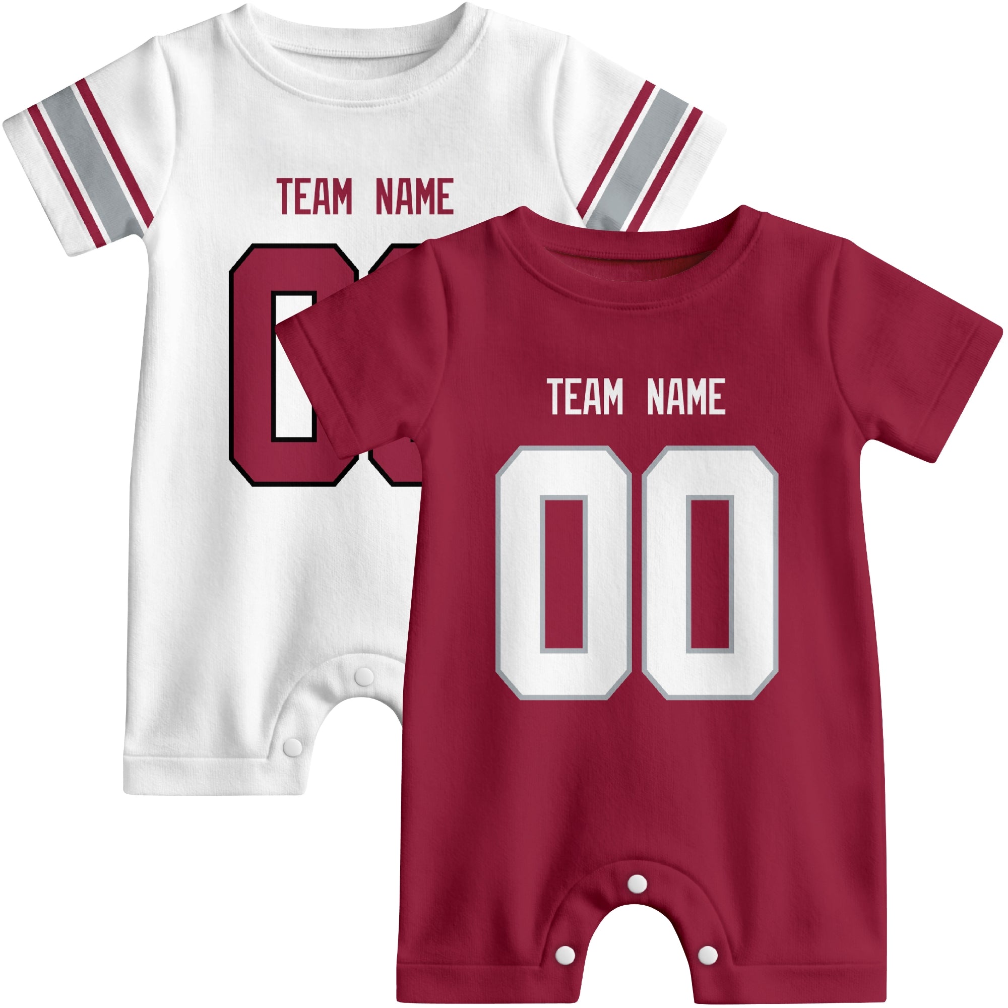 Custom football-style baby onesie color options in Red and White