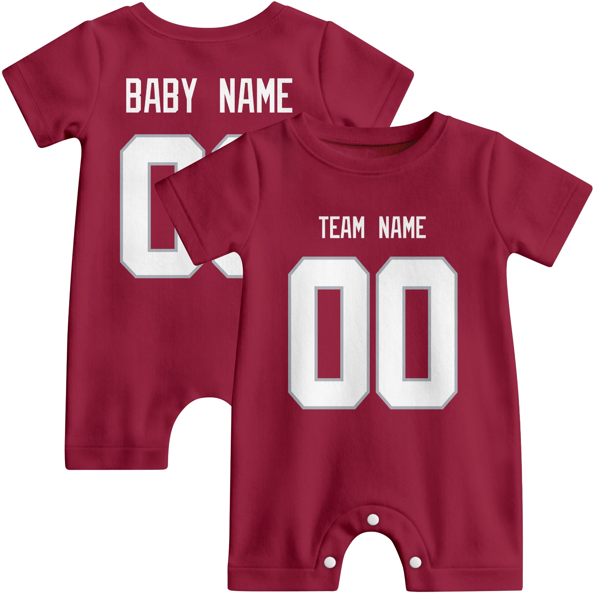 Front and back views of custom football-style baby onesie in Red and White colors with personalized details