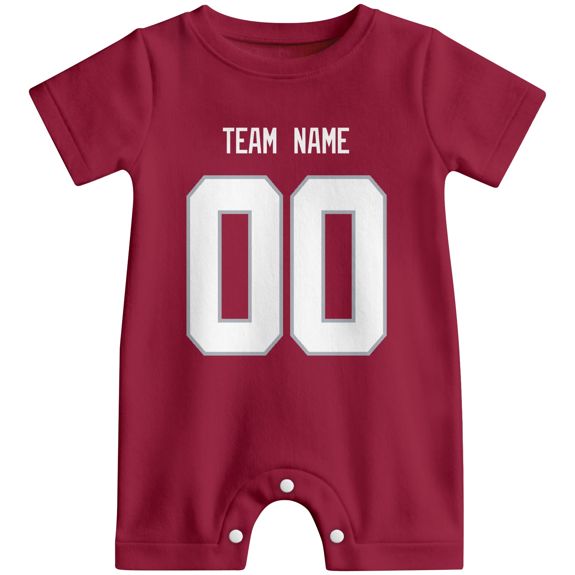 Front view of custom football-style baby onesie in Red personalized with team name and number