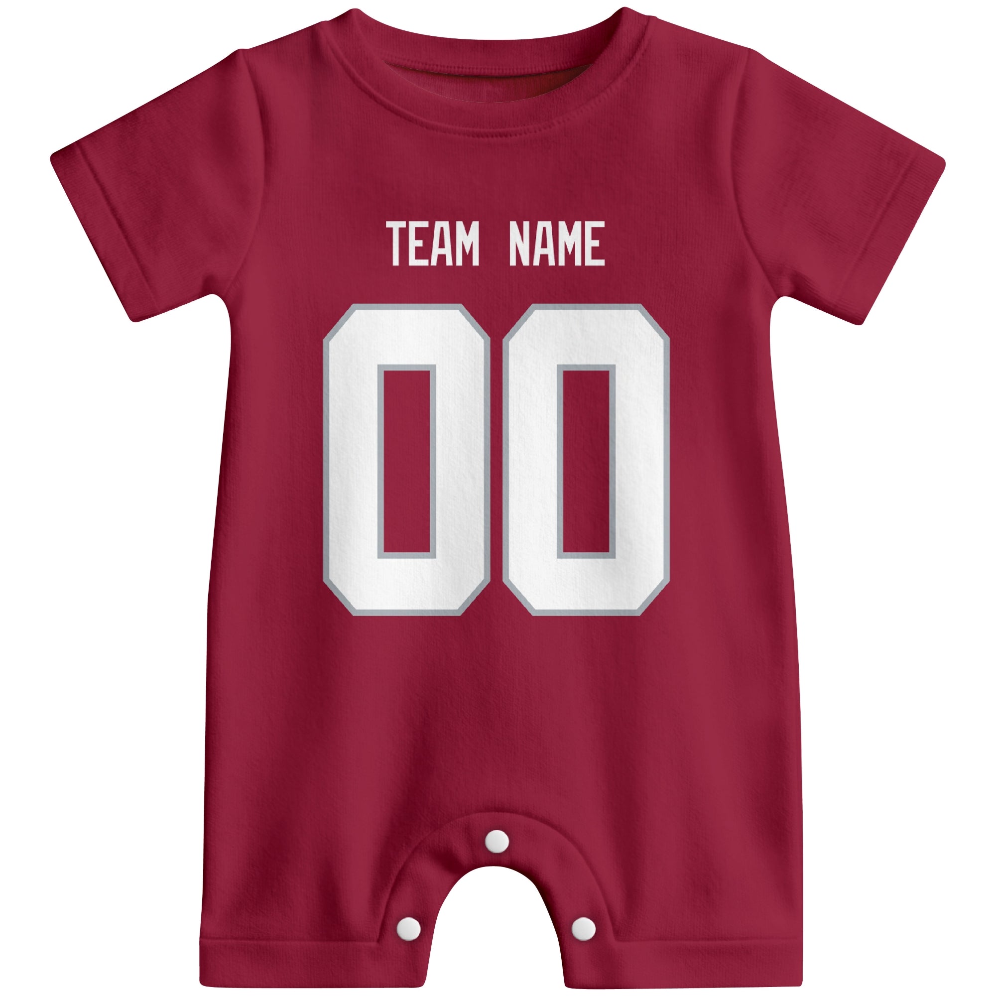 Front view of custom football-style baby onesie in Red personalized with team name and number