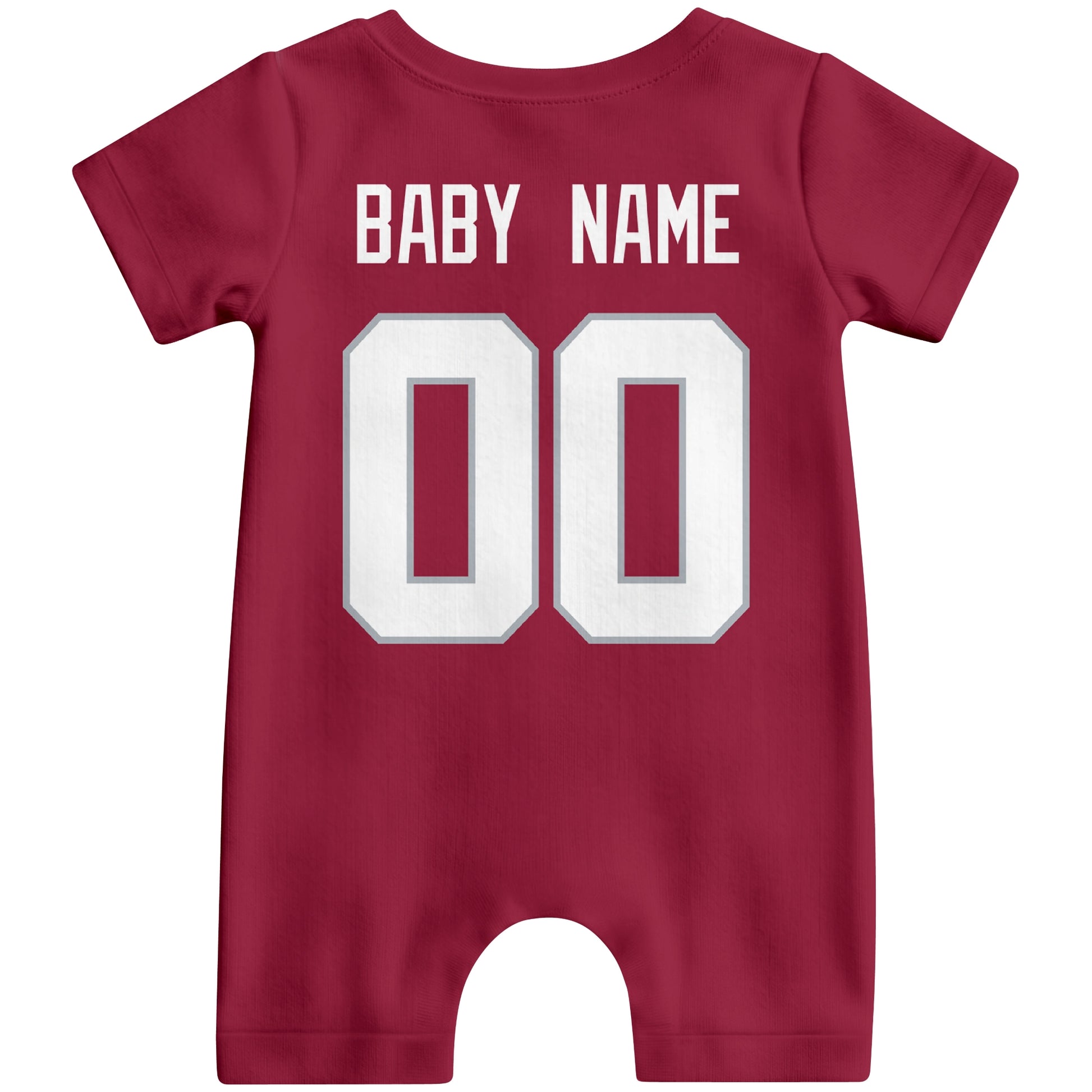Back view of custom football-style baby onesie in Red personalized with baby name and number
