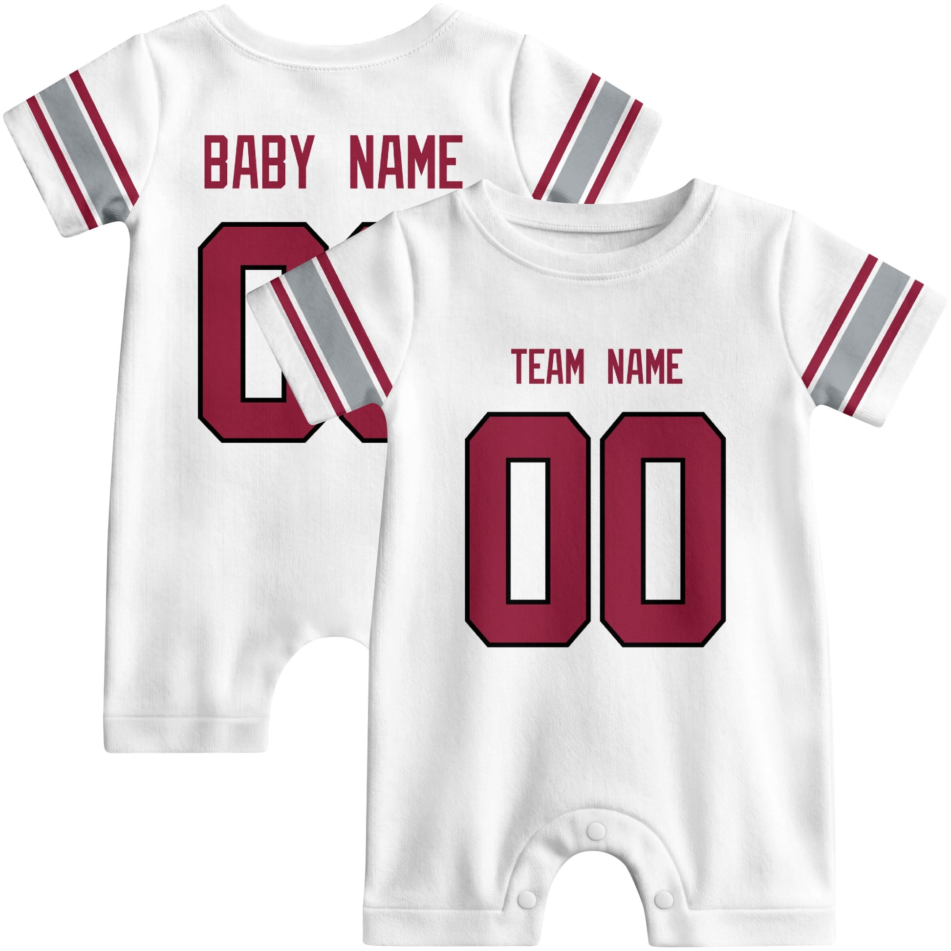 Front and back views of custom football-style baby onesie in White and Red colors with personalized details
