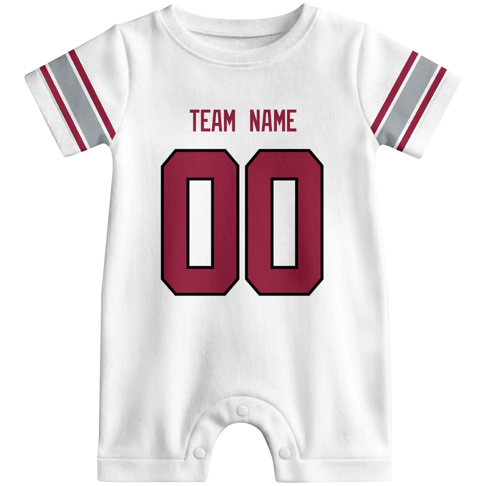 Front view of custom football-style baby onesie in White personalized with name and number