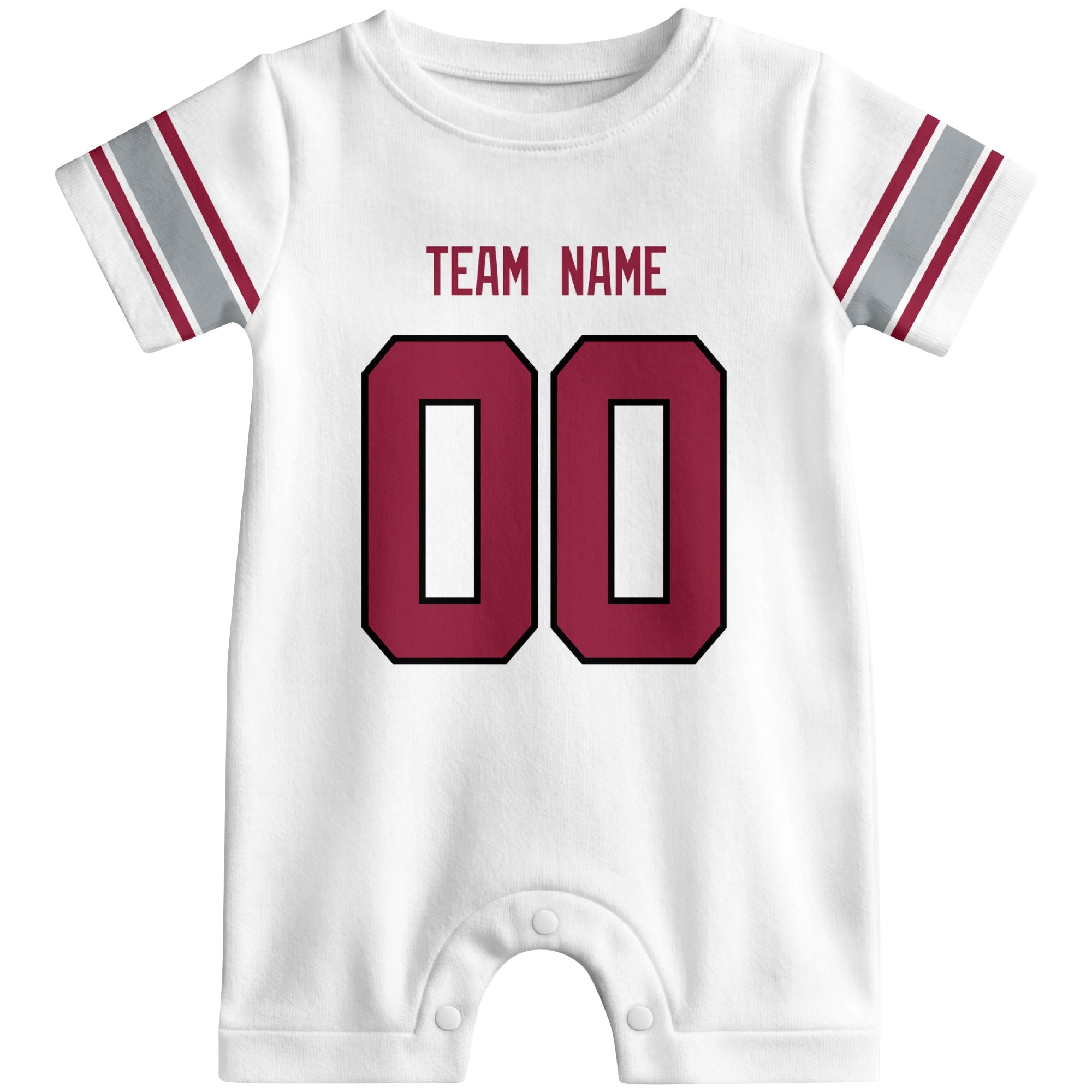 Front view of custom football-style baby onesie in White personalized with name and number