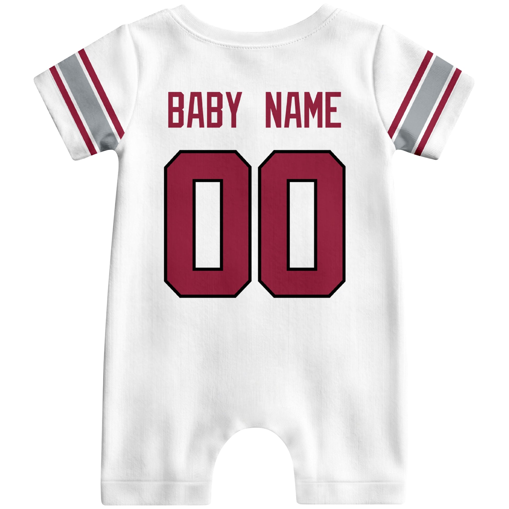 Back view of custom football-style baby onesie in White personalized with name and number