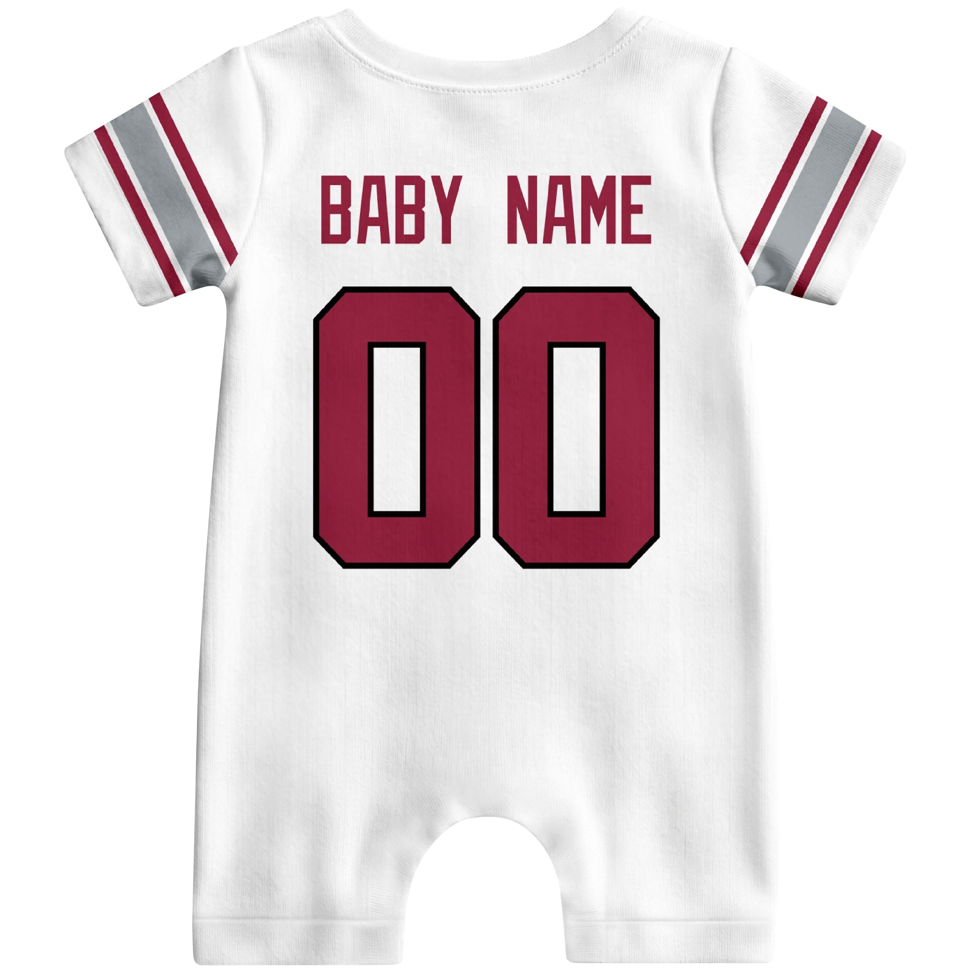 Back view of custom football-style baby onesie in White personalized with name and number