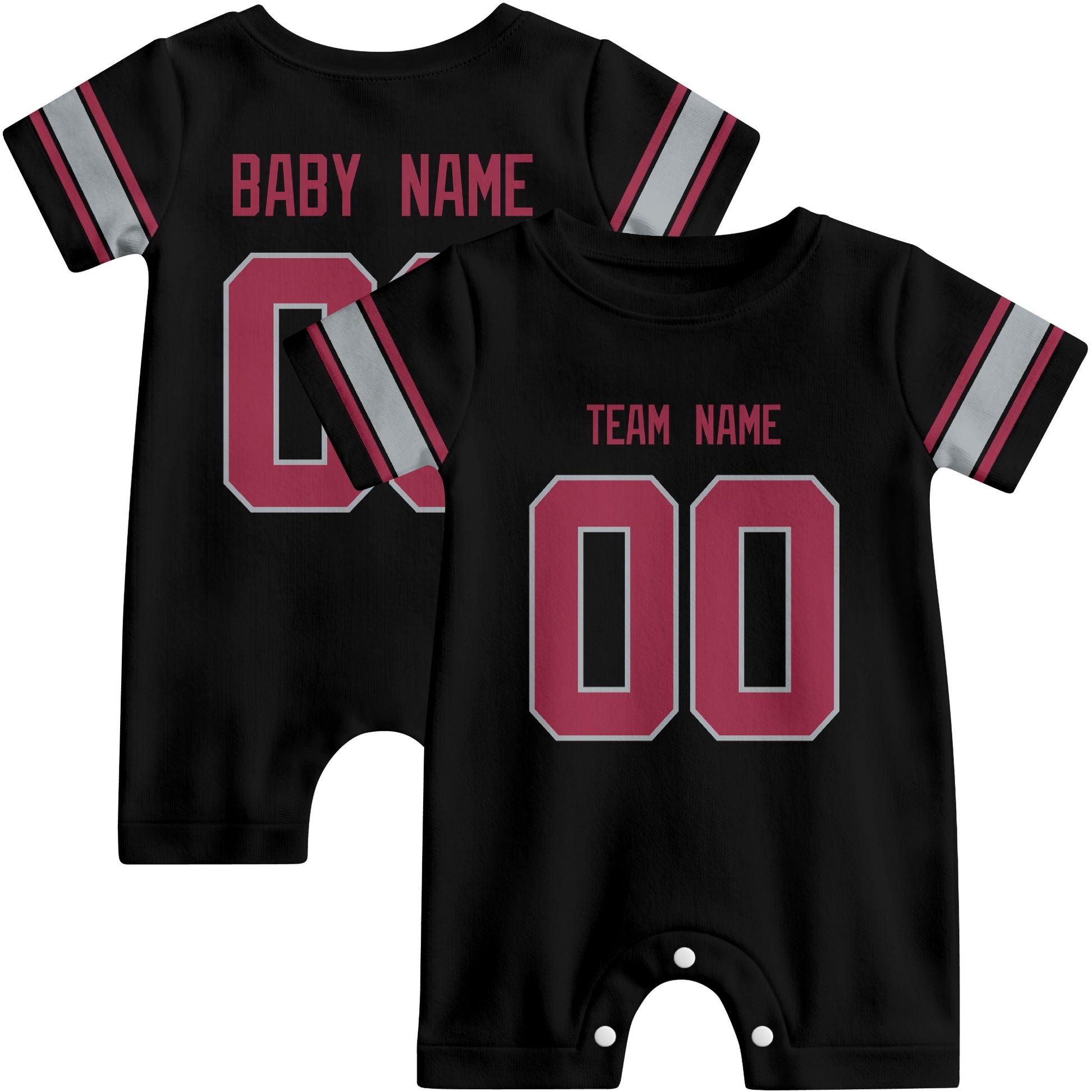 Front and back views of custom football-style baby onesie in Black and Red colors with personalized details