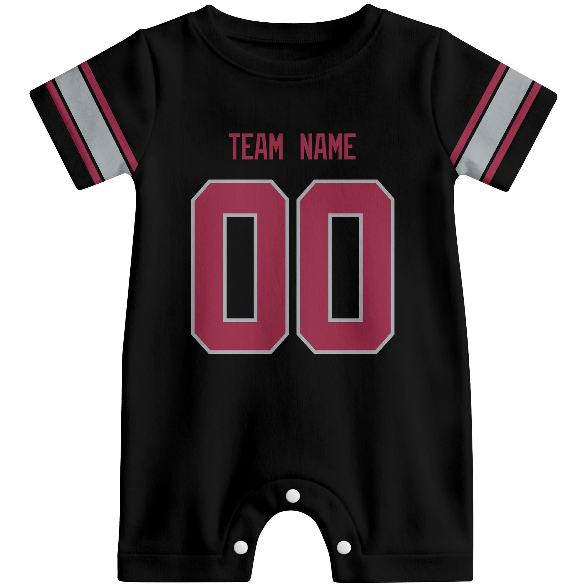 Front view of custom football-style baby onesie in Black personalized with name and number