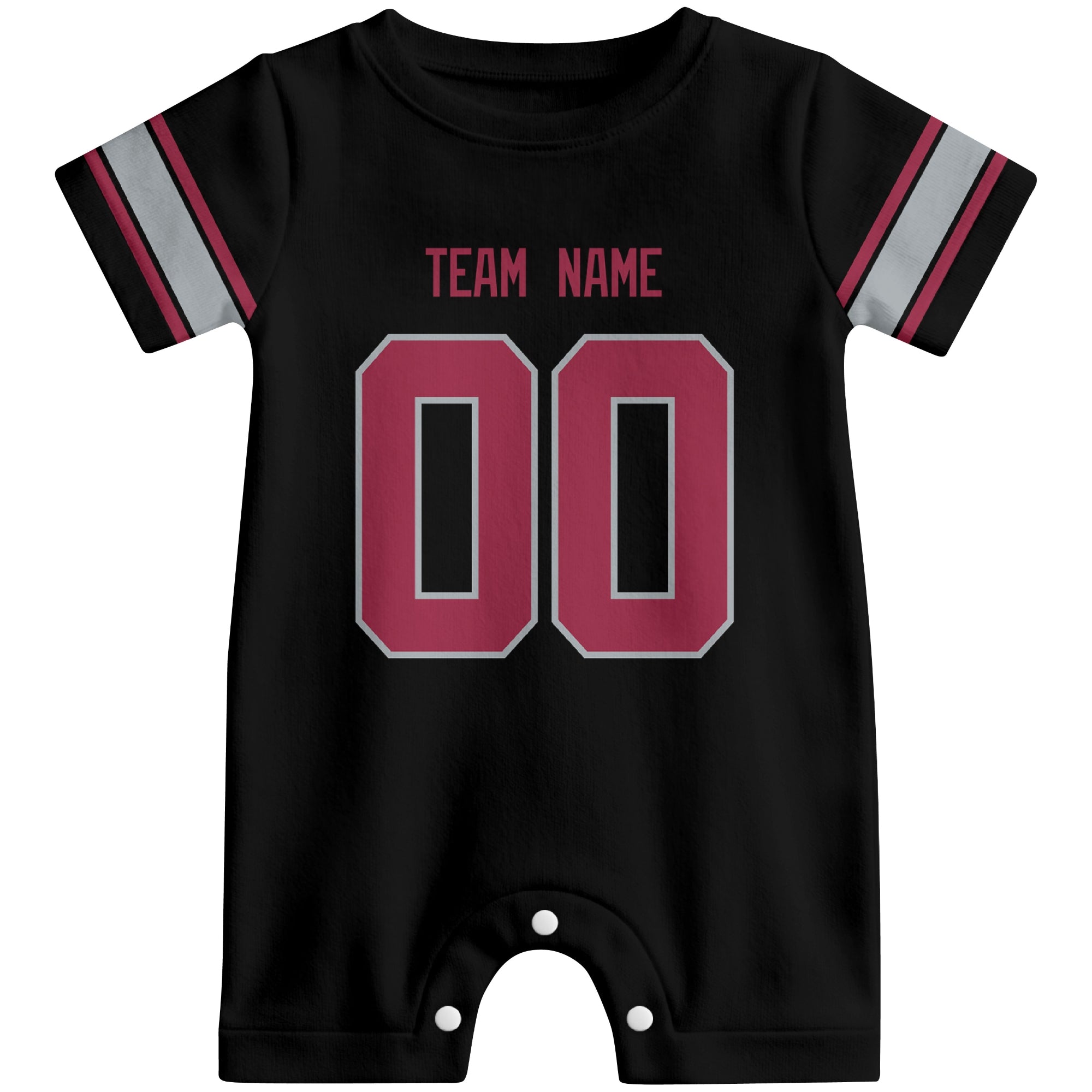 Front view of custom football-style baby onesie in Black personalized with name and number