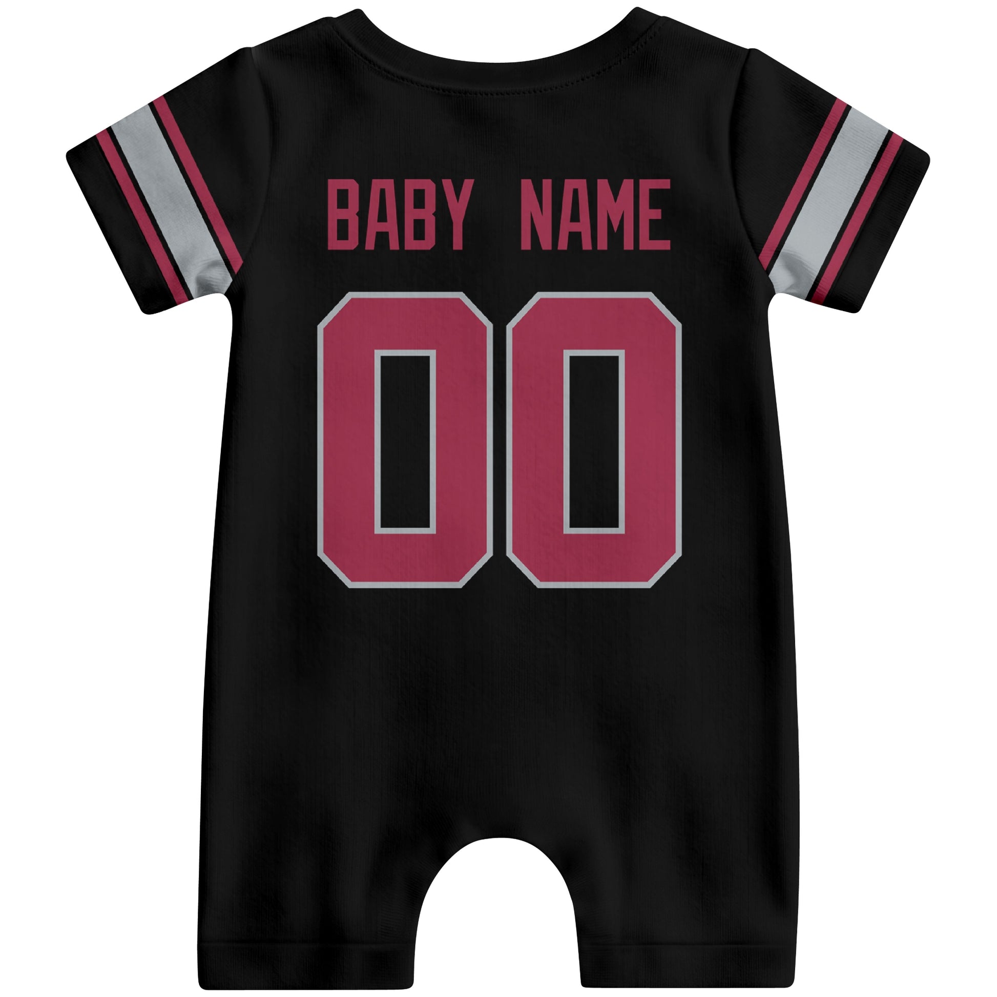 Back view of custom football-style baby onesie in Black personalized with name and number