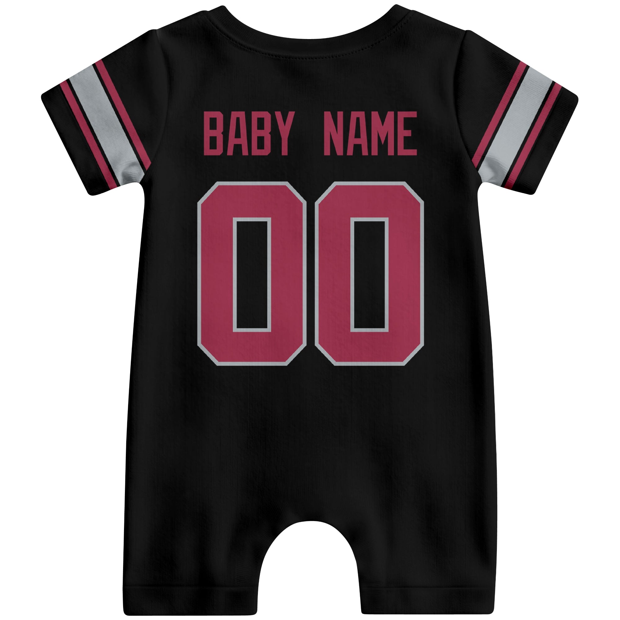 Back view of custom football-style baby onesie in Black personalized with name and number