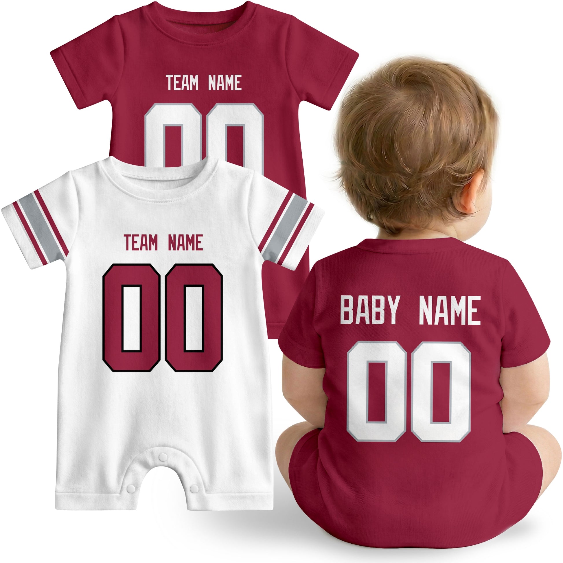Baby wearing custom football-style onesie in Red, White, and Black with personalized name and number