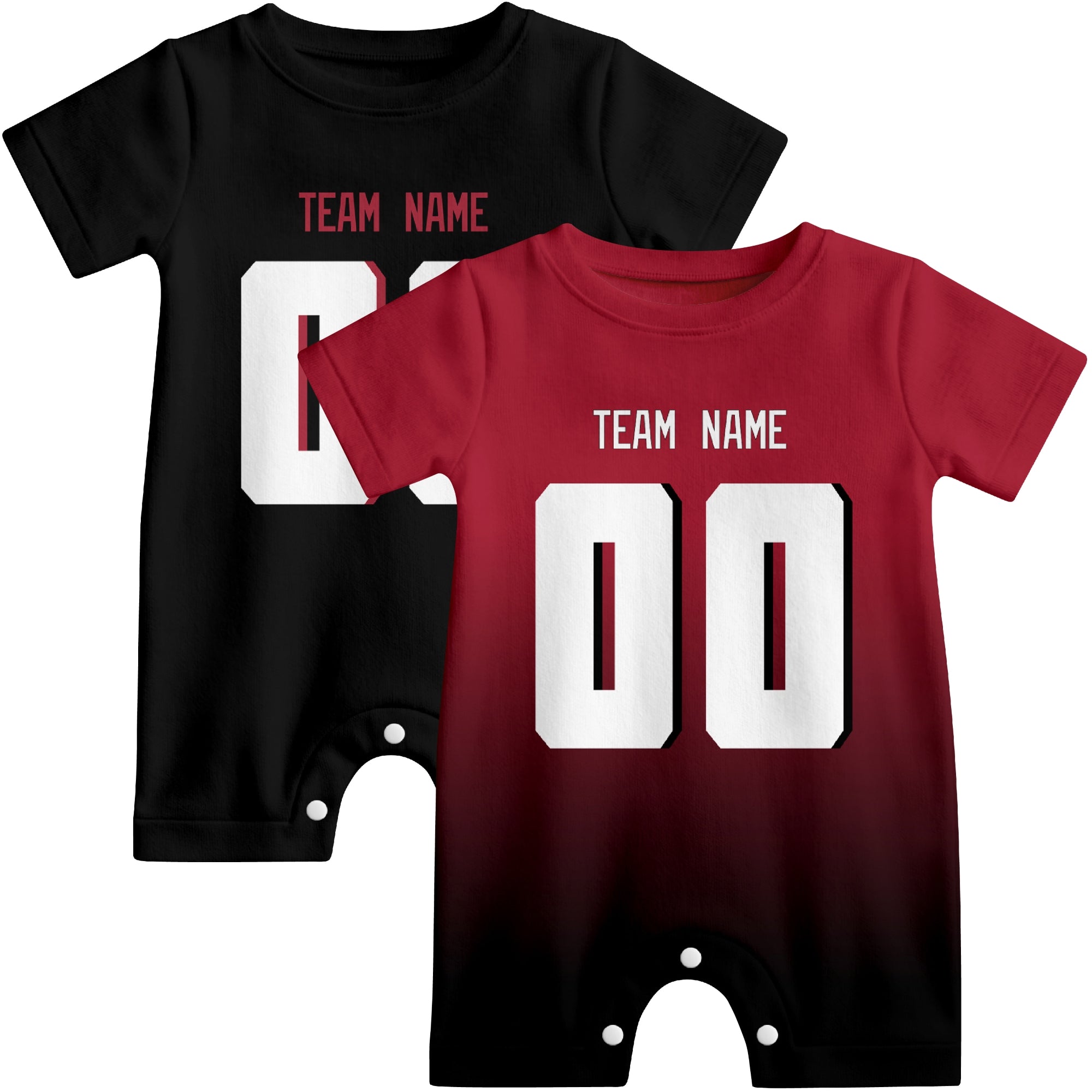 Custom football-style baby onesie color options in Red and White