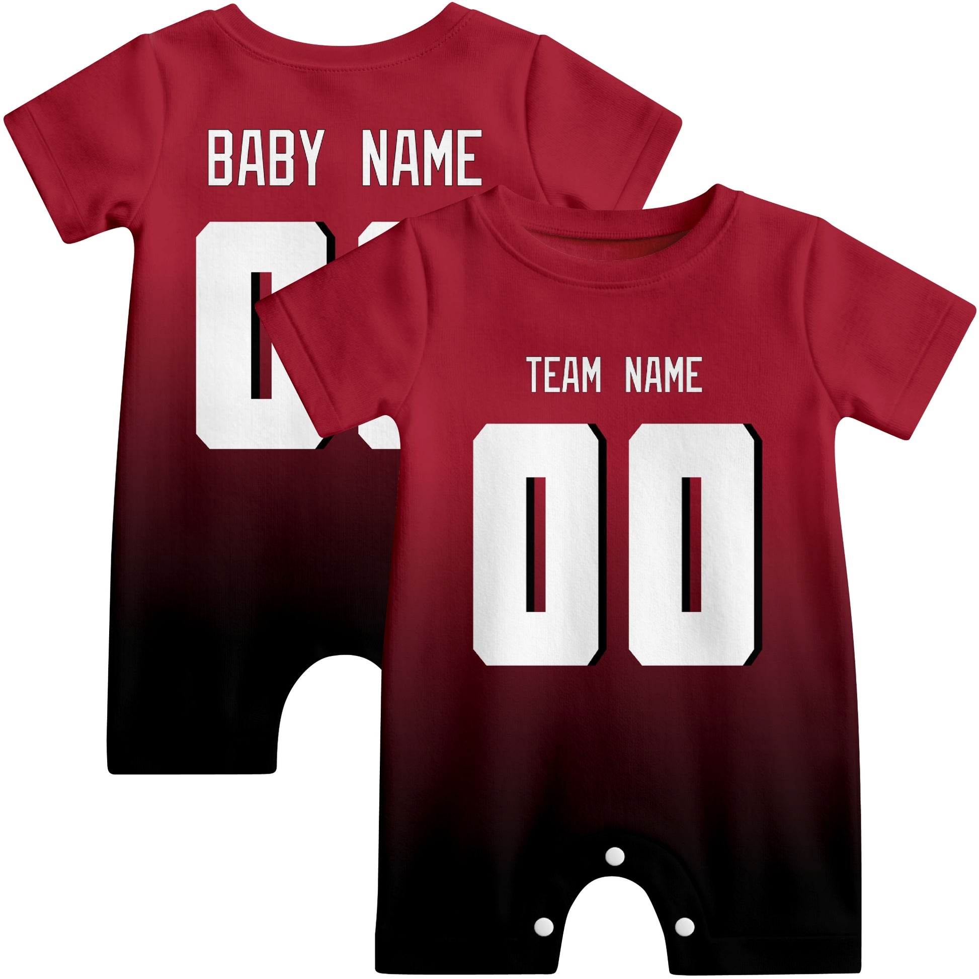 Front and back views of custom football-style baby onesie in Red and White colors with personalized details