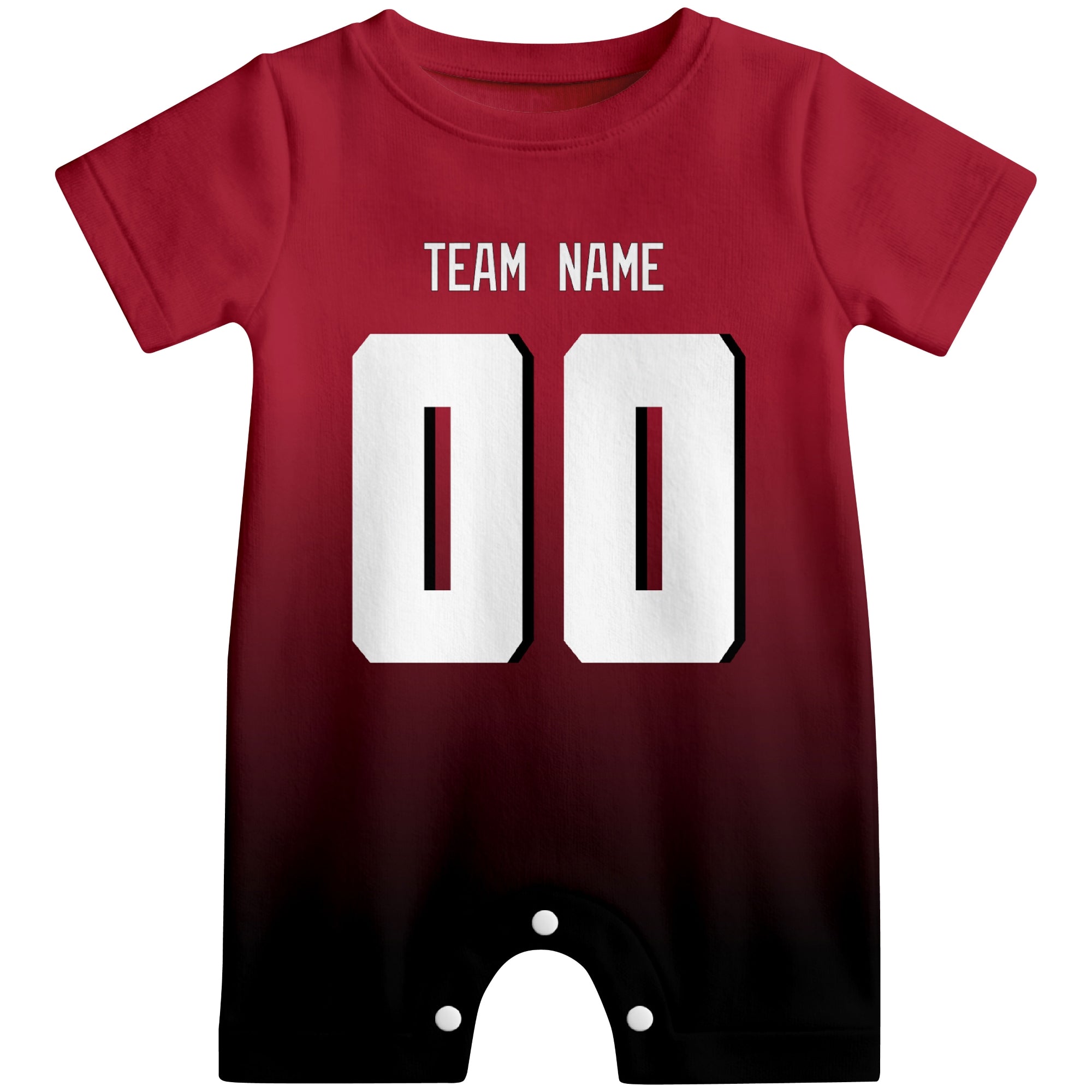 Front view of custom football-style baby onesie in Red personalized with team name and number