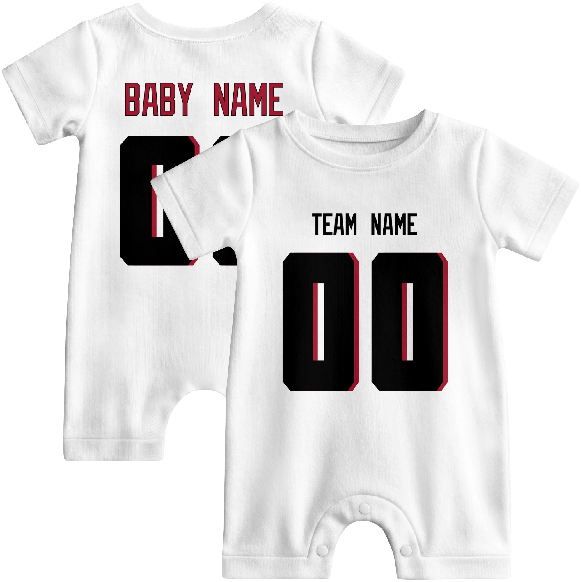 Front and back views of custom football-style baby onesie in White and Red colors with personalized details