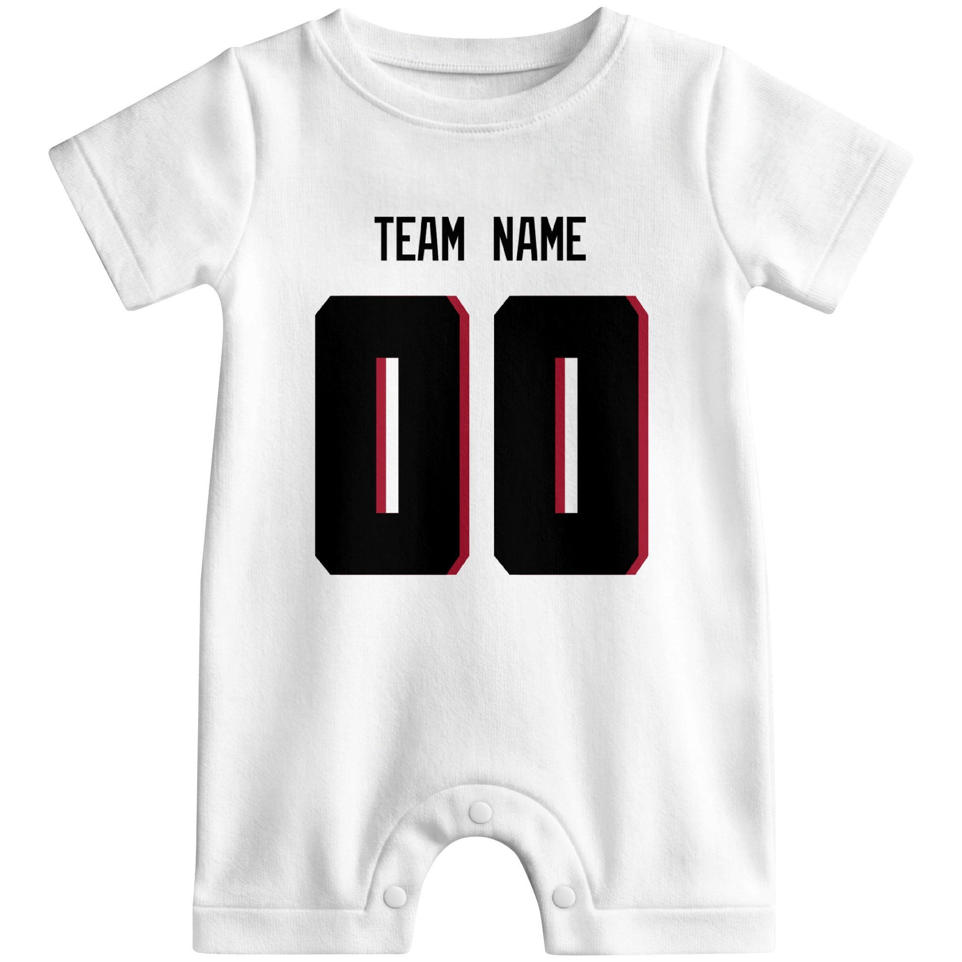 Front view of custom football-style baby onesie in White personalized with name and number