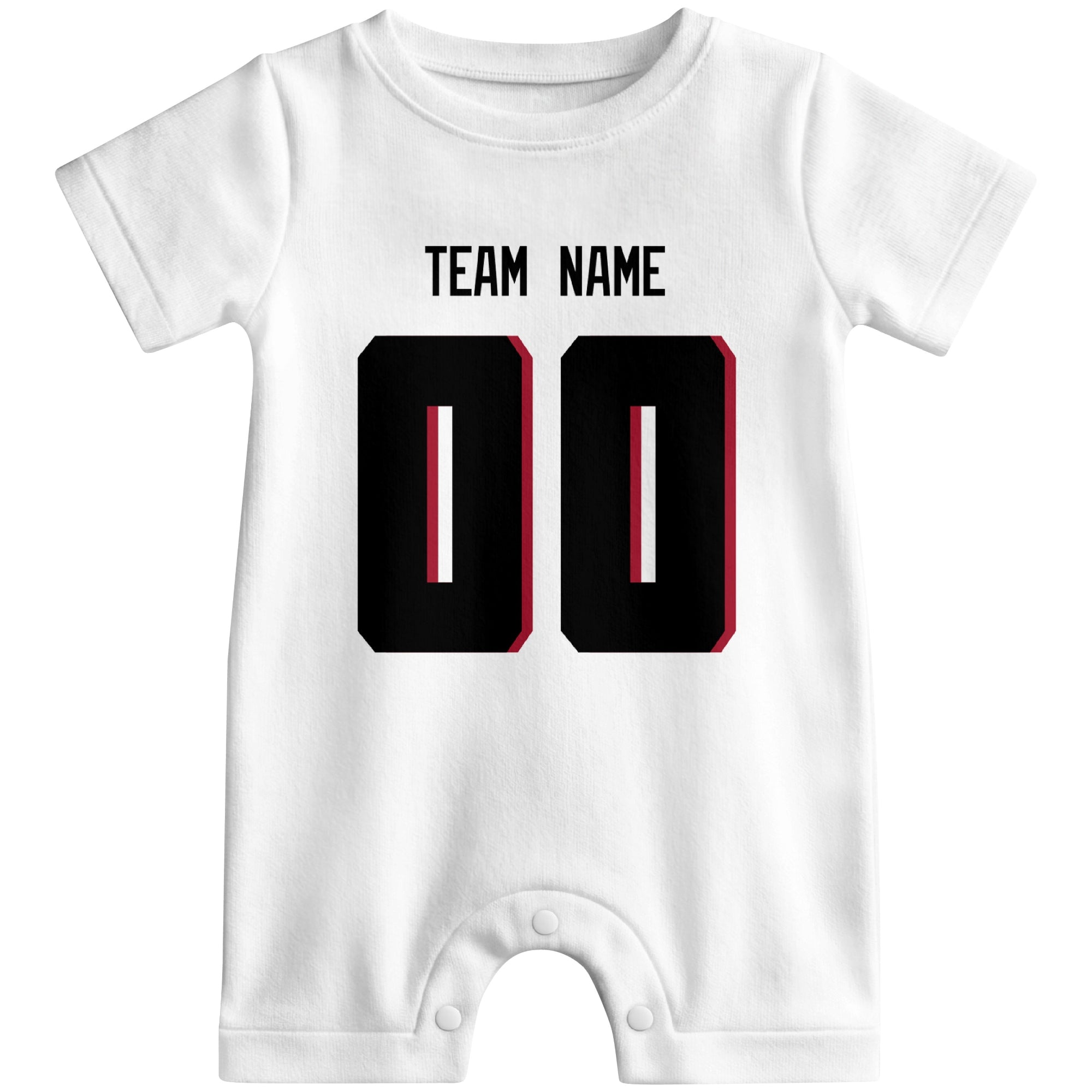 Front view of custom football-style baby onesie in White personalized with name and number