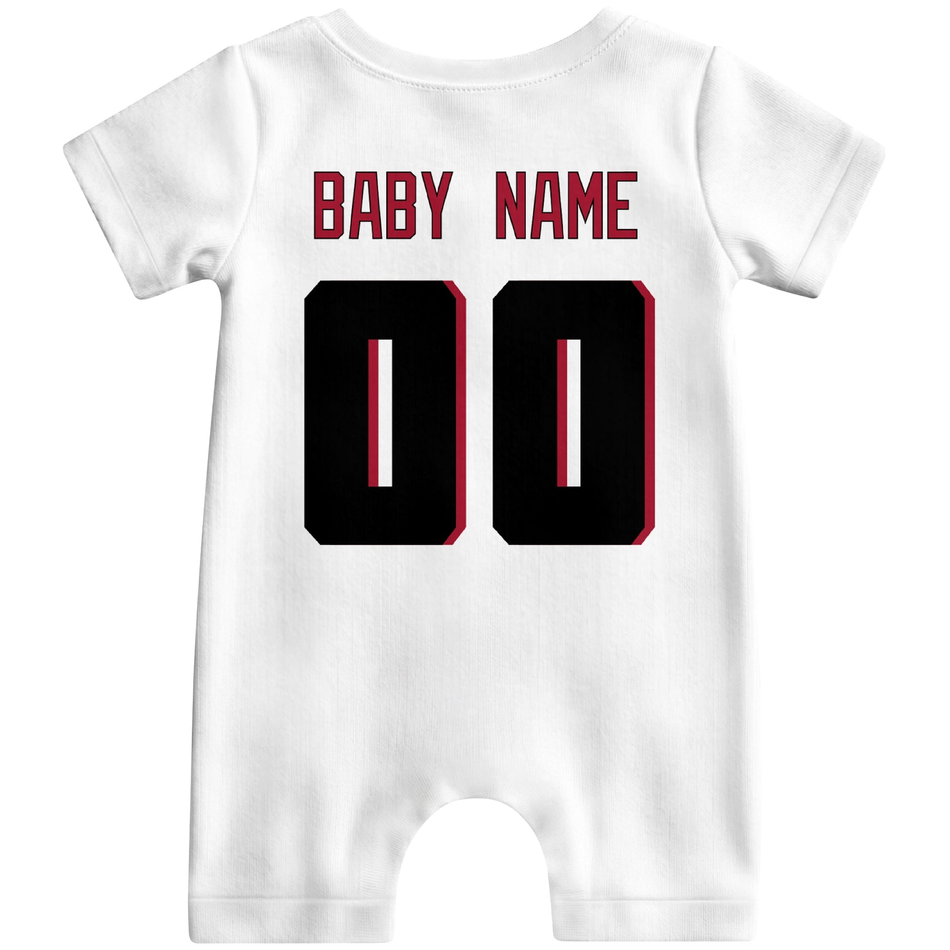 Back view of custom football-style baby onesie in White personalized with name and number