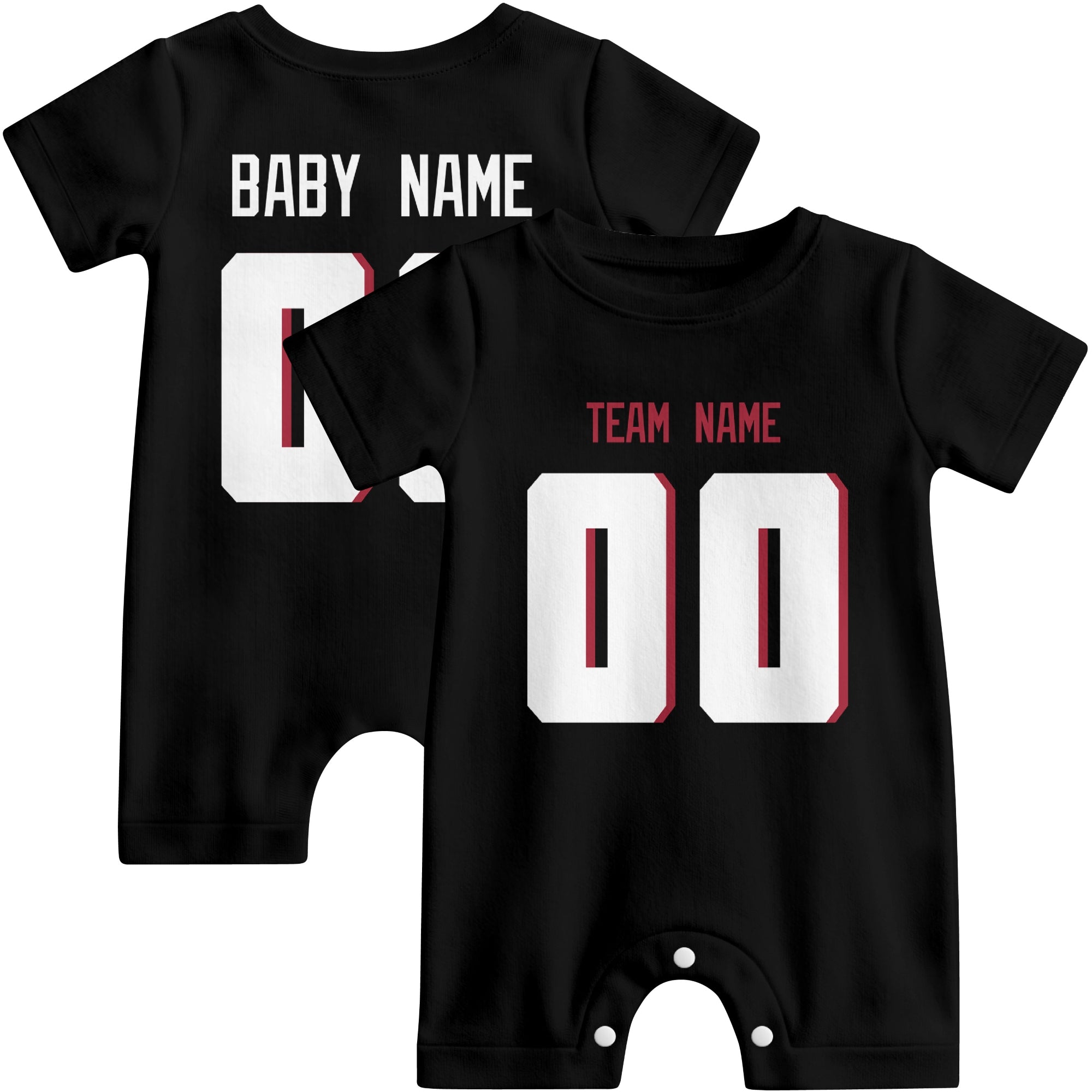 Front and back views of custom football-style baby onesie in Black and Red colors with personalized details