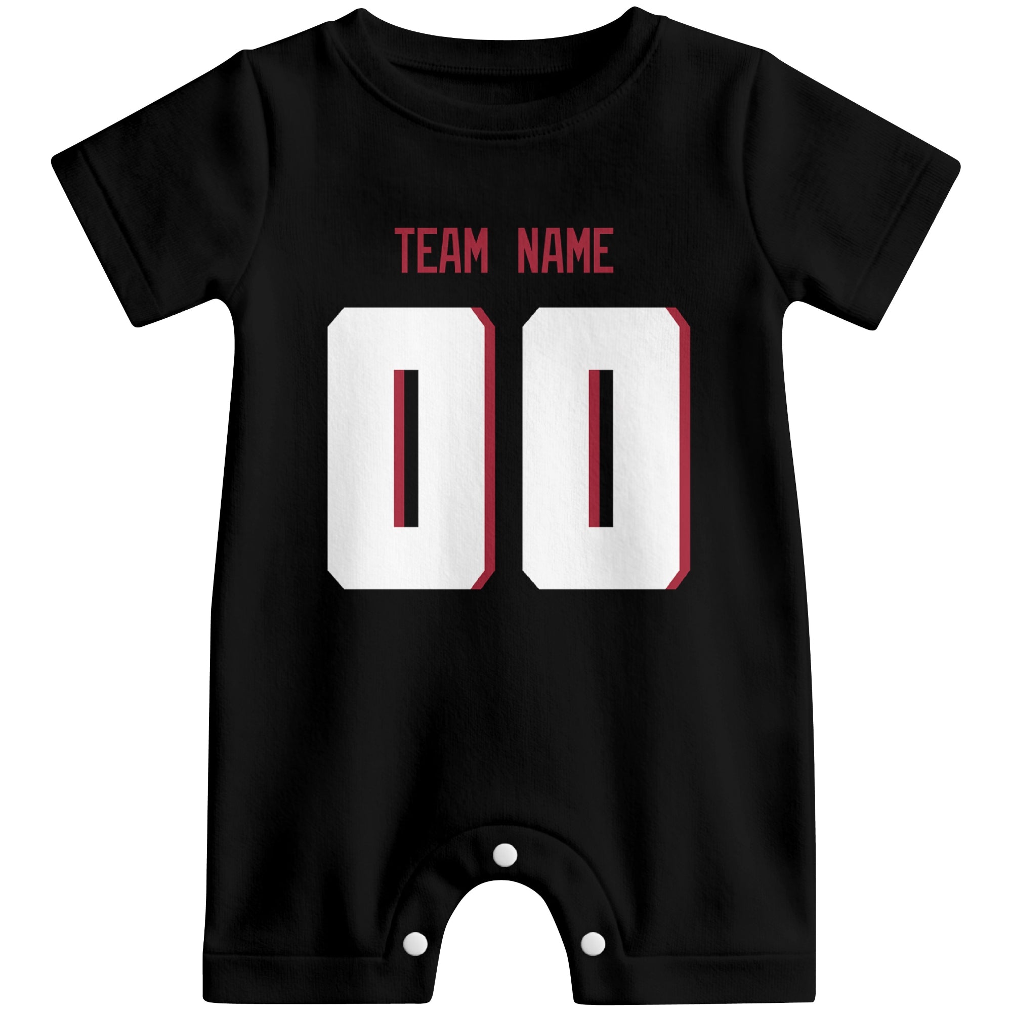 Front view of custom football-style baby onesie in Black personalized with name and number