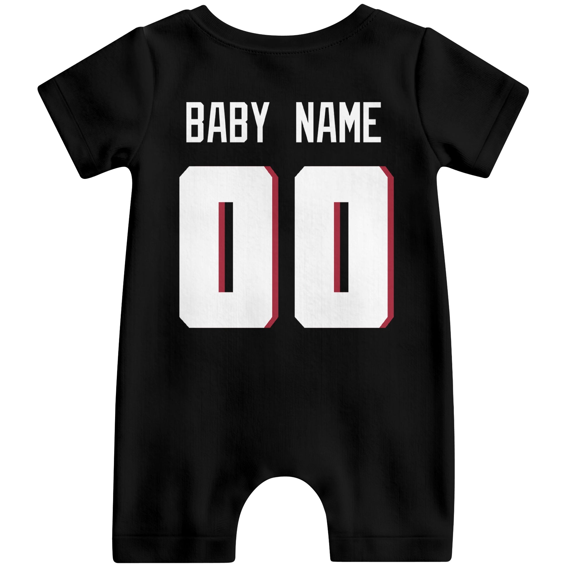 Back view of custom football-style baby onesie in Black personalized with name and number