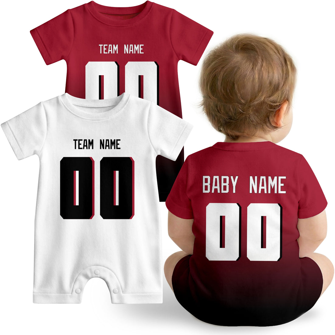 Baby wearing custom football-style onesie in Red, White, and Black with personalized name and number