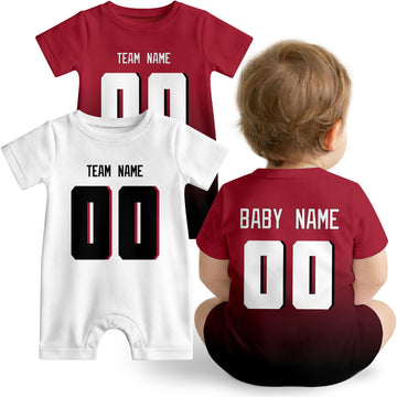 Baby wearing custom football-style onesie in Red, White, and Black with personalized name and number