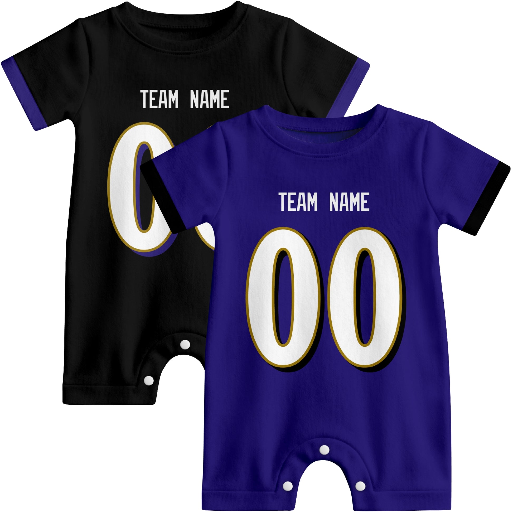 Custom football-style baby onesie color options in Purple and White