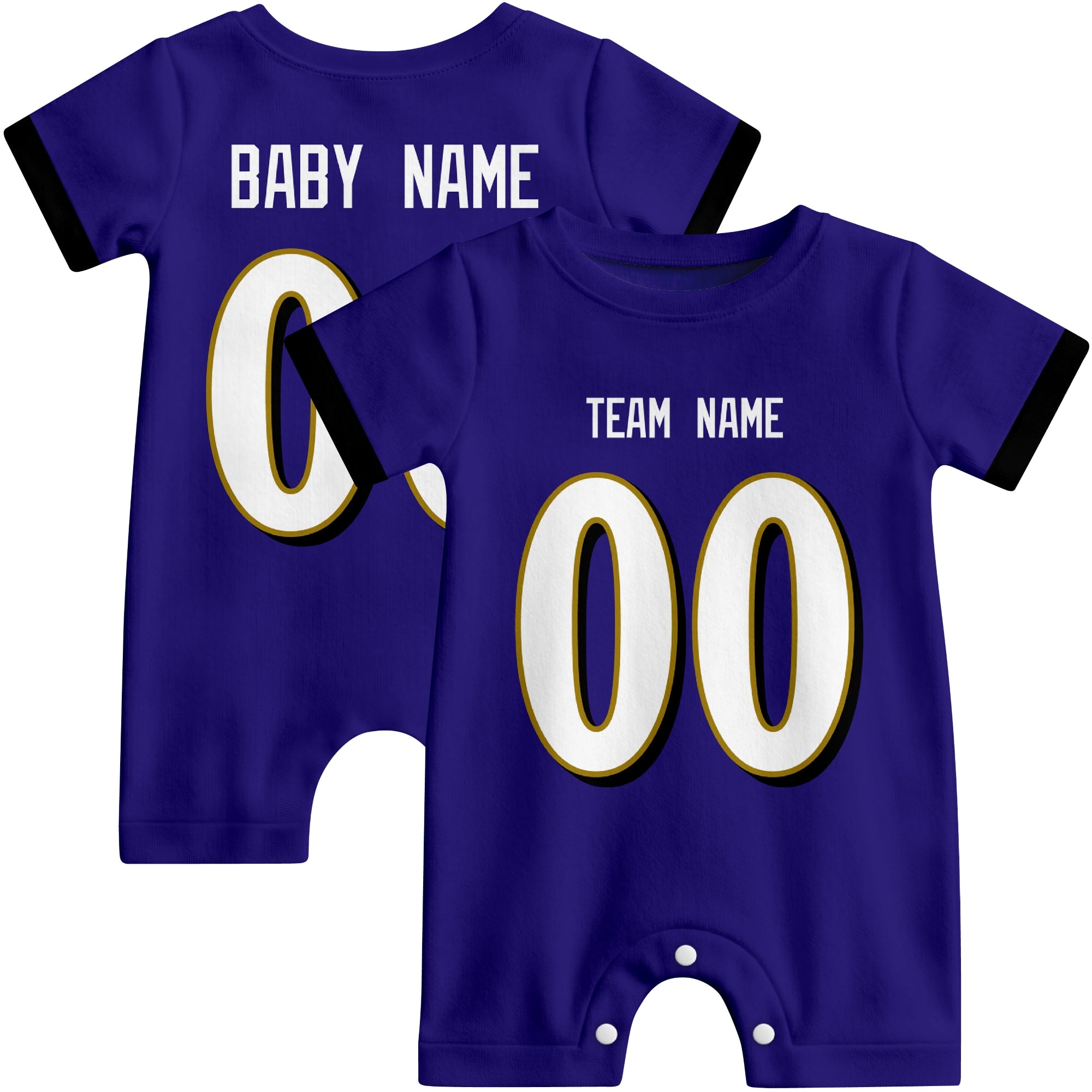 Front and back views of custom football-style baby onesie in Purple and White colors with personalized details