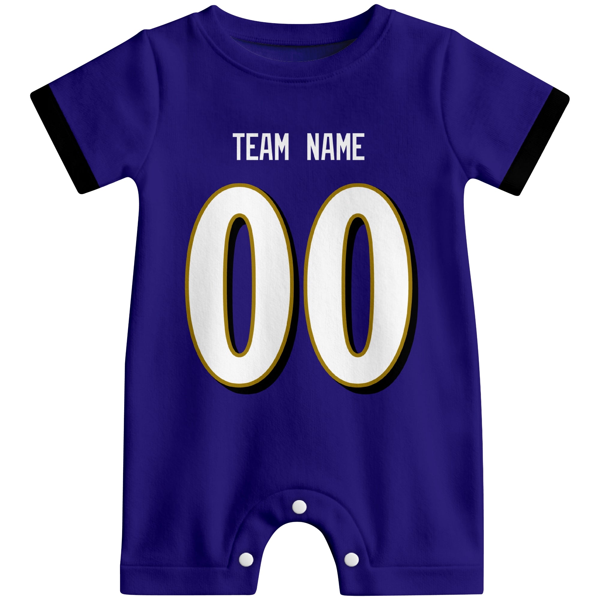 Front view of custom football-style baby onesie in Purple personalized with team name and number
