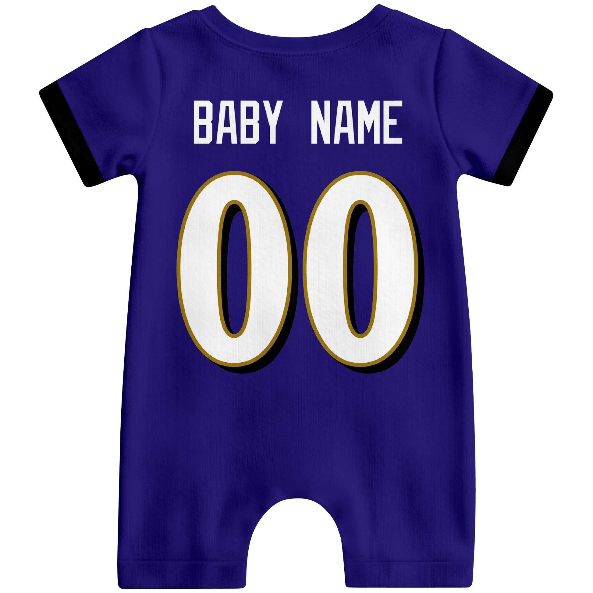 Back view of custom football-style baby onesie in Purple personalized with baby name and number
