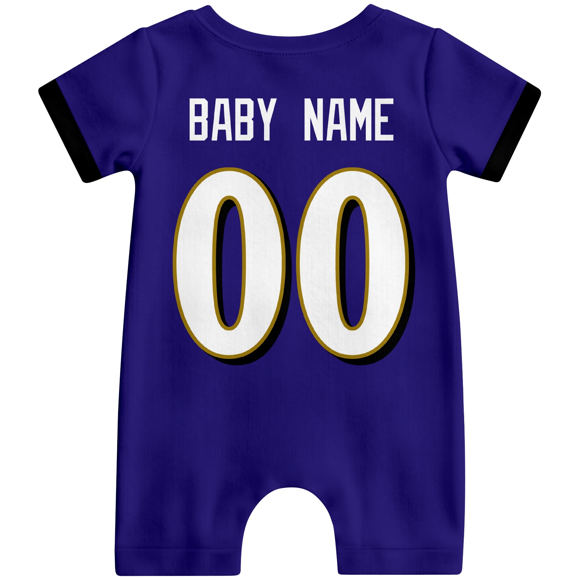 Back view of custom football-style baby onesie in Purple personalized with baby name and number