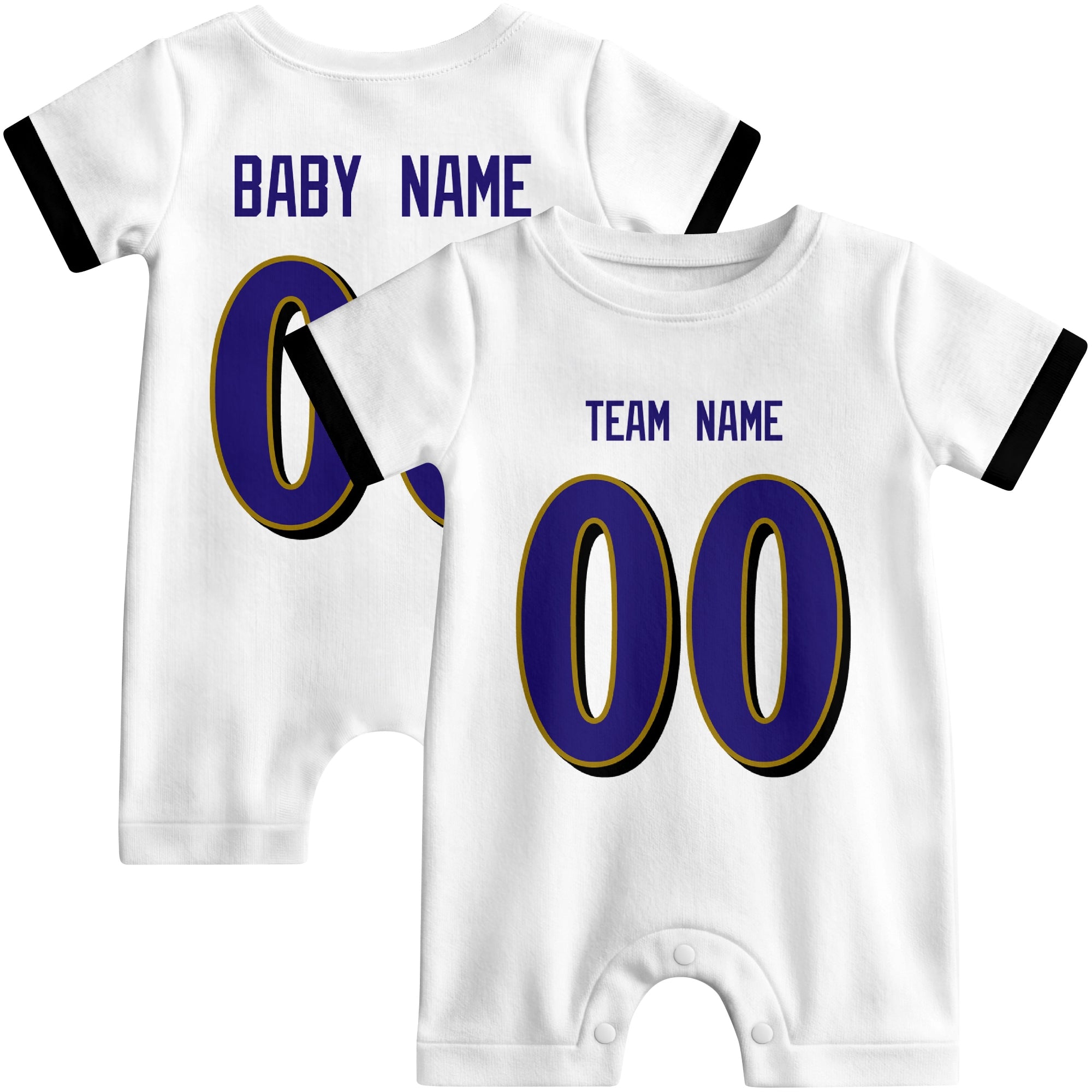 Front and back views of custom football-style baby onesie in White and Purple colors with personalized details