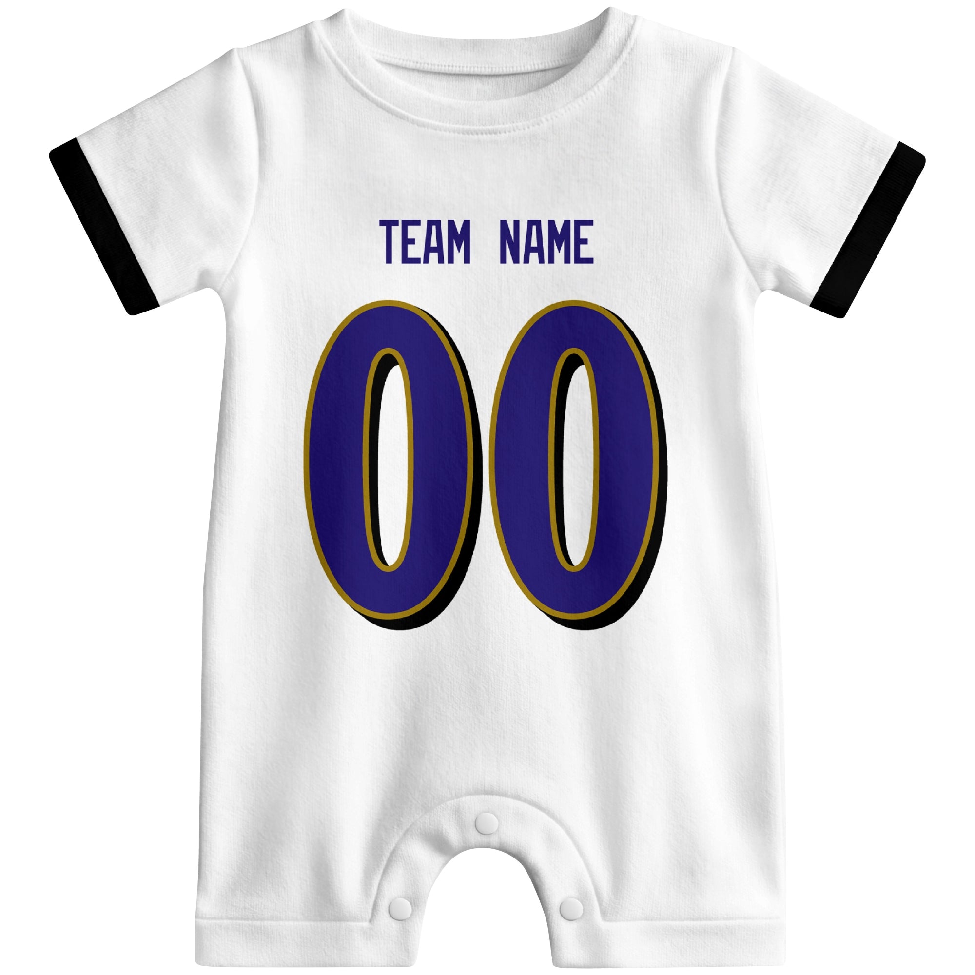 Front view of custom football-style baby onesie in White personalized with name and number