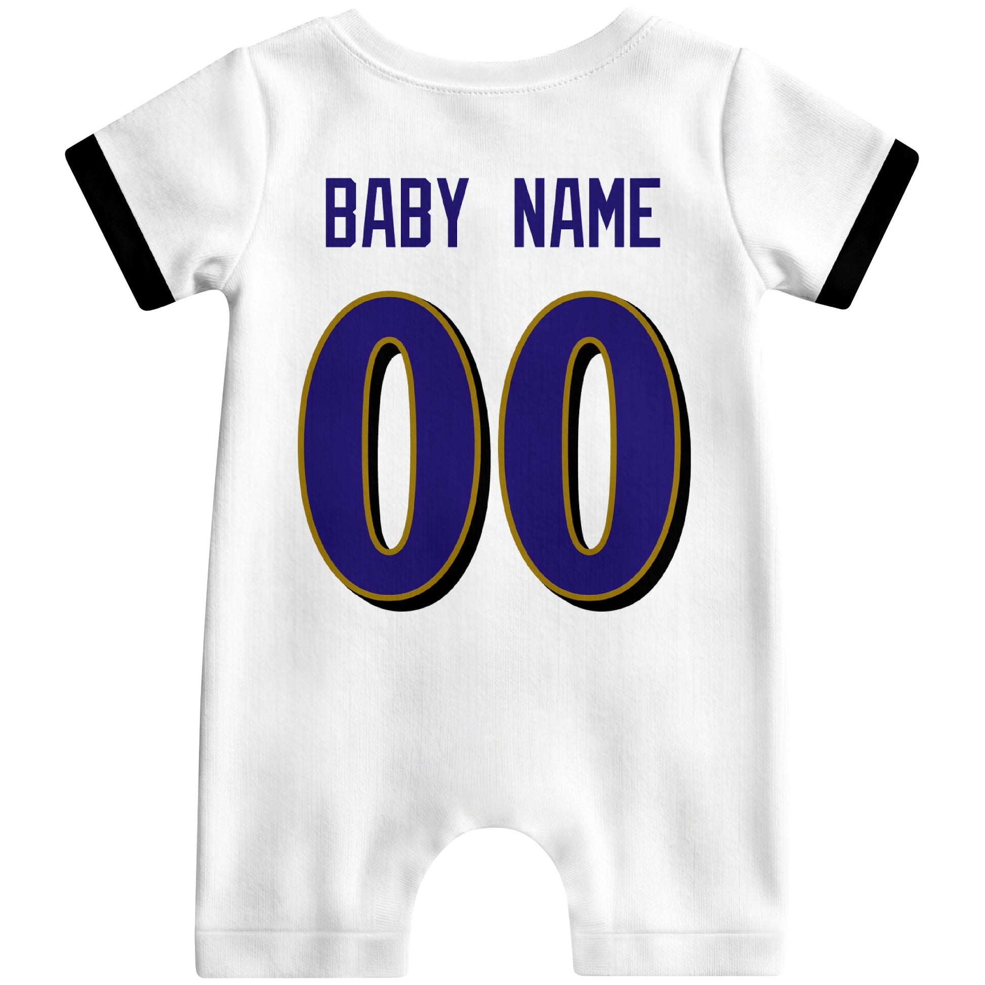 Back view of custom football-style baby onesie in White personalized with name and number