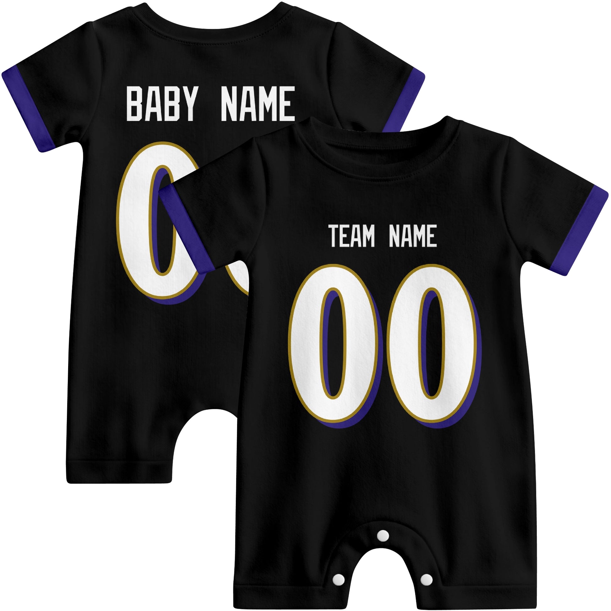 Front and back views of custom football-style baby onesie in Black and Purple colors with personalized details