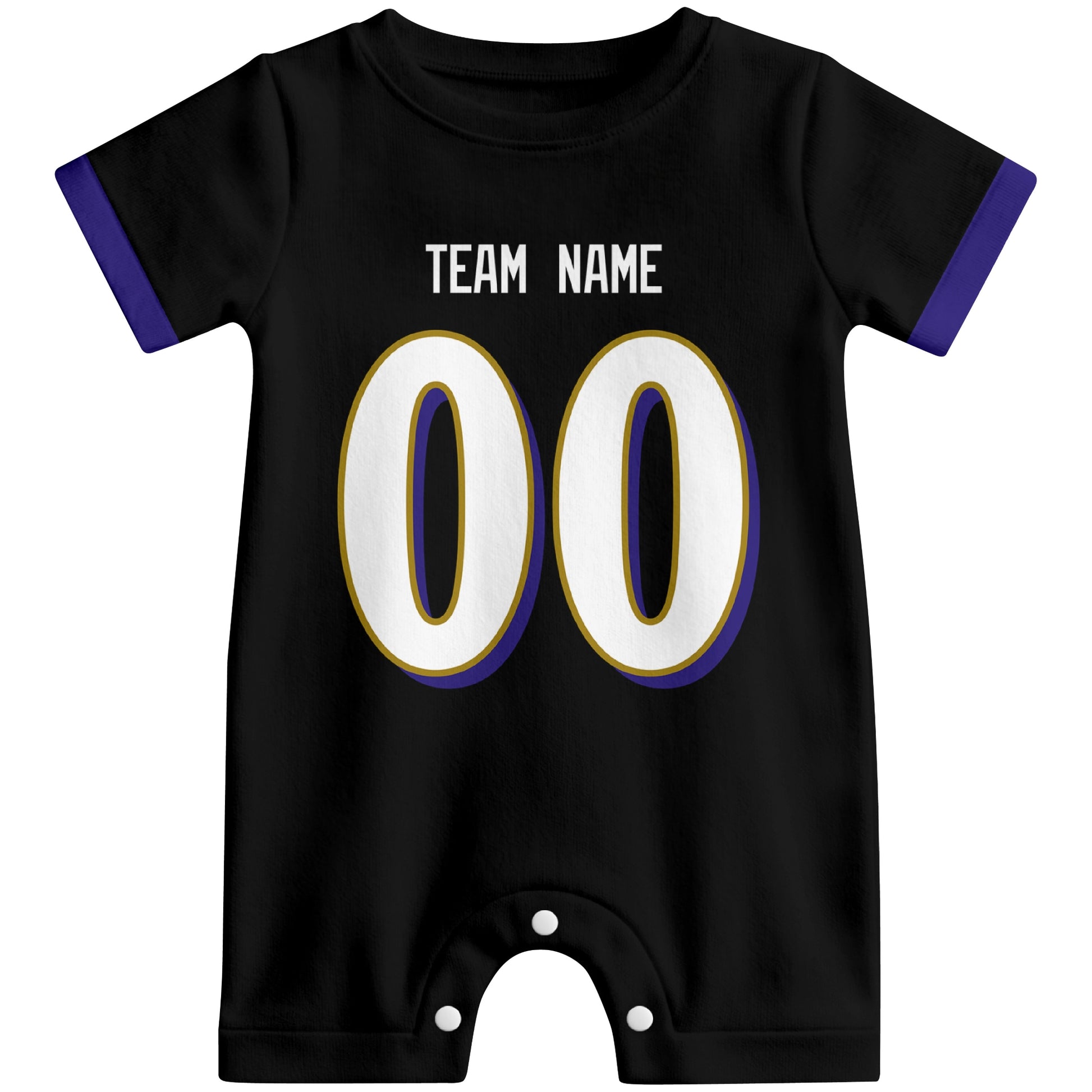 Front view of custom football-style baby onesie in Black personalized with name and number